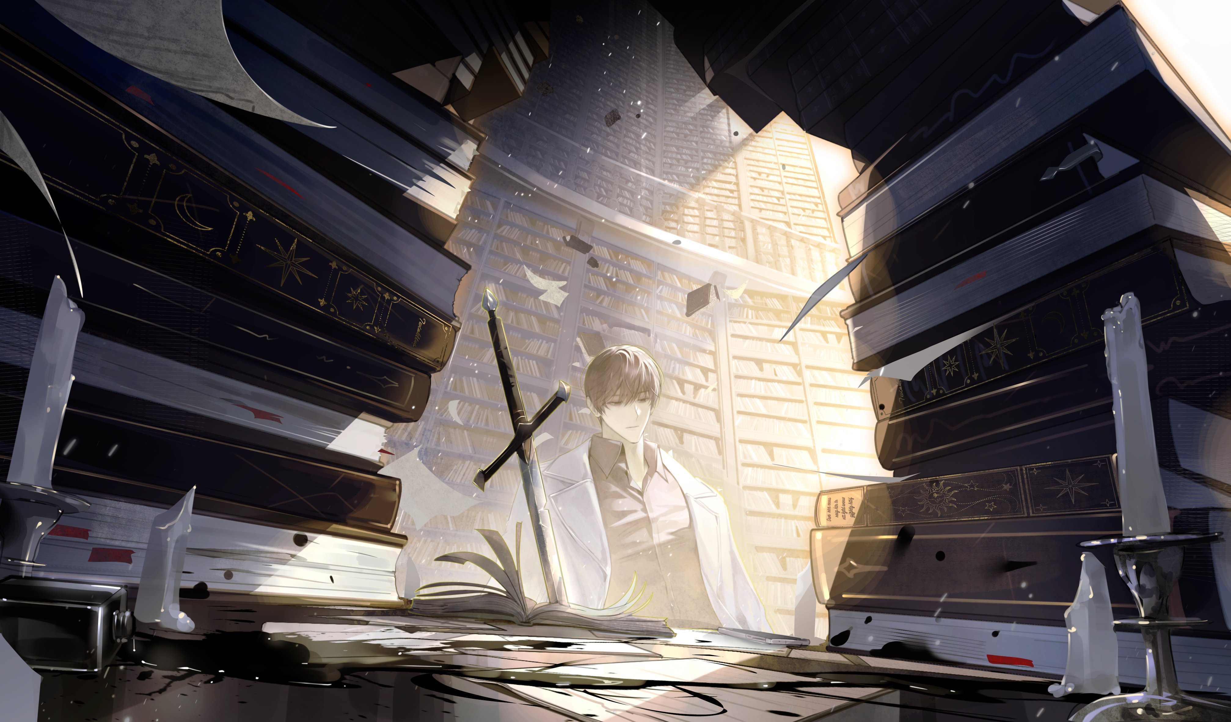 bab du 666, kim dokja, omniscient reader's viewpoint, absurdres, highres, 1boy, atmospheric perspective, black hair, black shirt, book, book stack, candlestand, coat, collared shirt, dutch angle, flying paper, indoors, inkwell, library, light rays, male focus, open book, open clothes, open coat, paper, planted, planted sword, planted weapon, pov, railing, scenery, shirt, short hair, solo, spill, sword, table, too many, too many books, upper body, weapon, white coat, window light