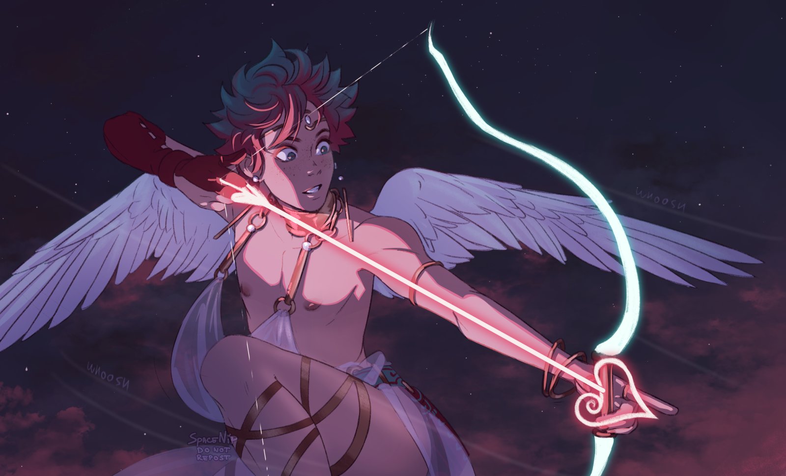 spacenipnops, midoriya izuku, boku no hero academia, highres, 1boy, arrow (projectile), bow (weapon), cupid, freckles, green eyes, green hair, heart, heart arrow, male focus, night, nipples, revealing clothes, short hair, sky, solo, thighs, weapon, wings