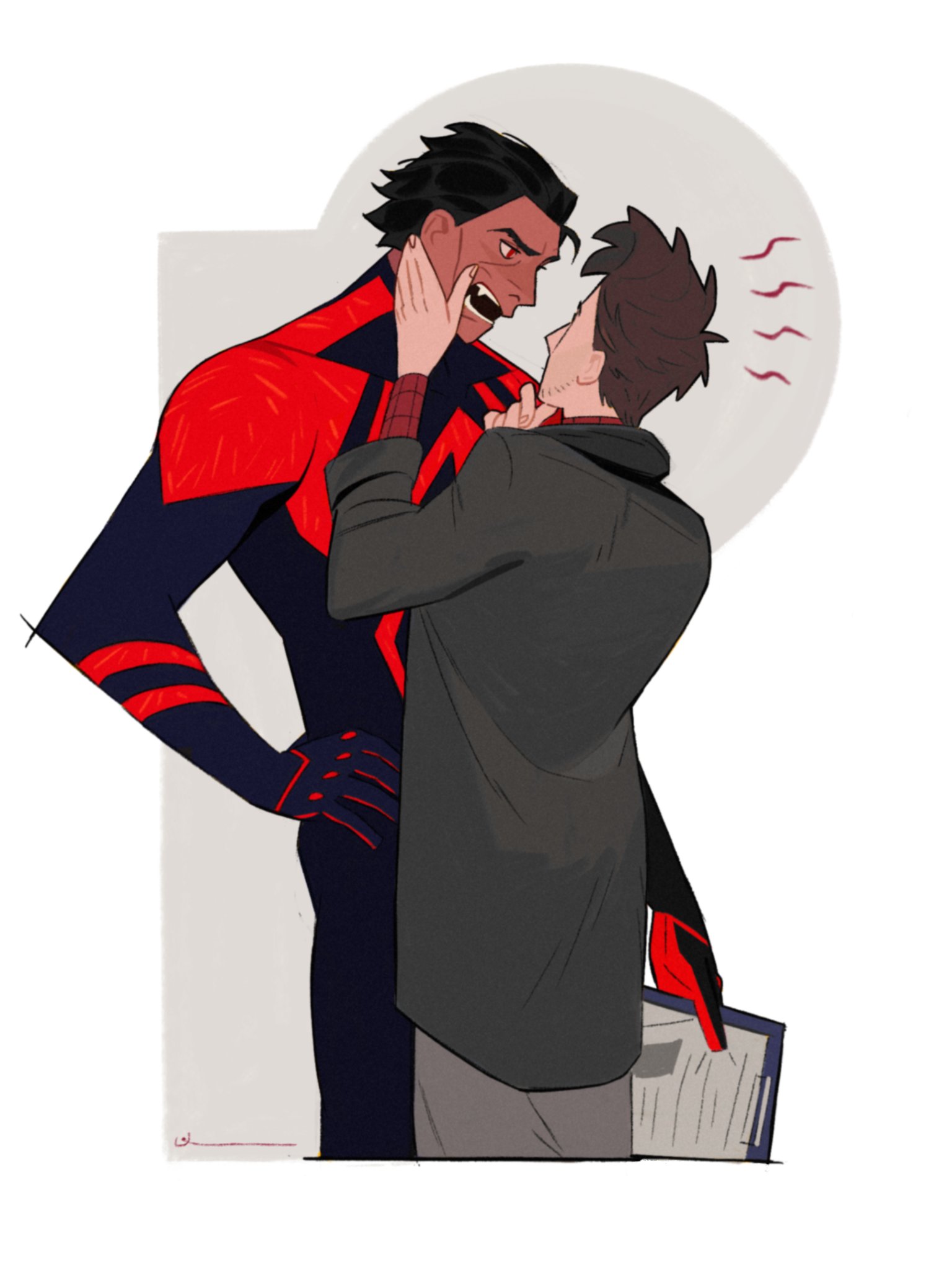 dingnin98201637, miguel o'hara, peter b parker, spider-man (2099), marvel, spider-man: across the spider-verse, spider-man (series), spider-verse, hashtag-only commentary, highres, 2boys, black hair, bodysuit, brown eyes, clipboard, cropped legs, dark-skinned male, dark skin, grey jacket, grey pants, hand on another's face, hand on own hip, holding, holding clipboard, jacket, long sleeves, looking at another, male focus, multicolored bodysuit, multiple boys, open mouth, pants, short hair, superhero costume, teeth