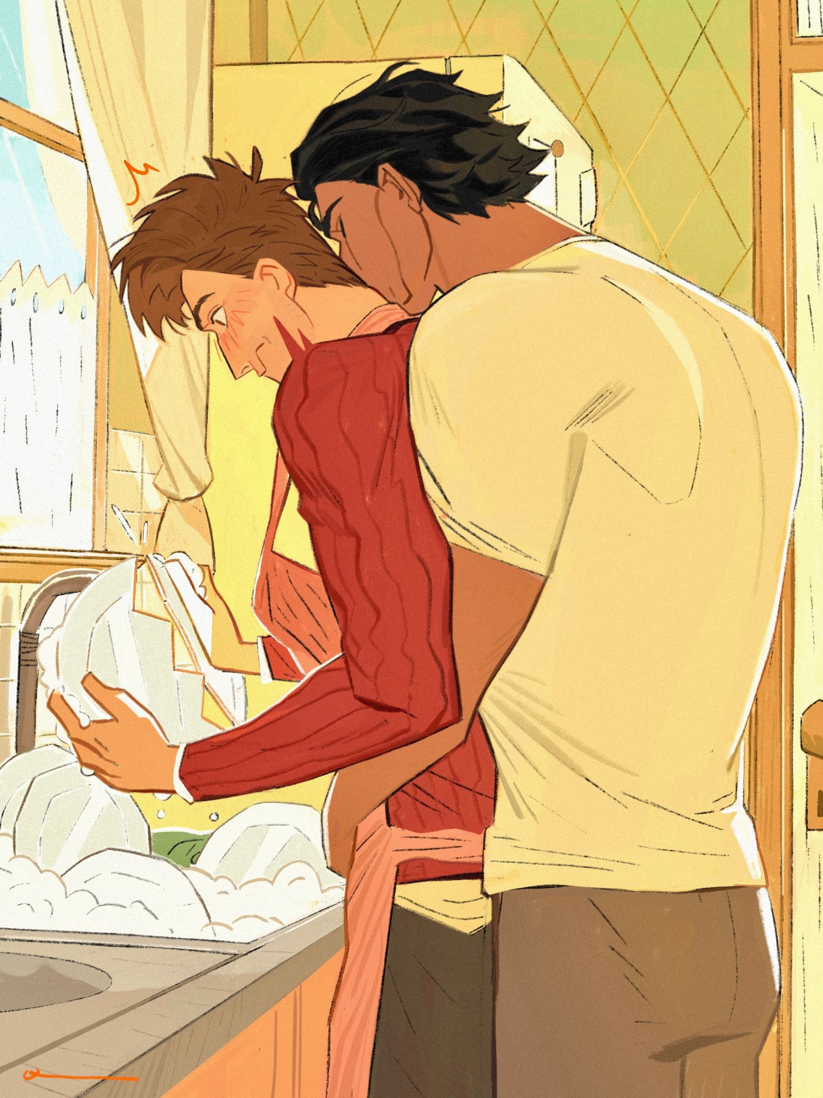 dingnin98201637, miguel o'hara, peter b parker, marvel, spider-man: across the spider-verse, spider-man (series), spider-verse, hashtag-only commentary, highres, 2boys, apron, arm around waist, black hair, black pants, blush, broken plate, brown eyes, brown hair, cable knit, closed eyes, crew neck, curtains, dark-skinned male, dark skin, doorknob, grey pants, hair slicked back, holding, holding plate, indoors, kiss, kissing neck, long sleeves, male focus, multiple boys, pants, pink apron, plate, red sweater, refrigerator, shirt, short hair, short sleeves, sink, soap bubbles, standing, surprised, sweater, t-shirt, wavy mouth, white shirt, window, yaoi