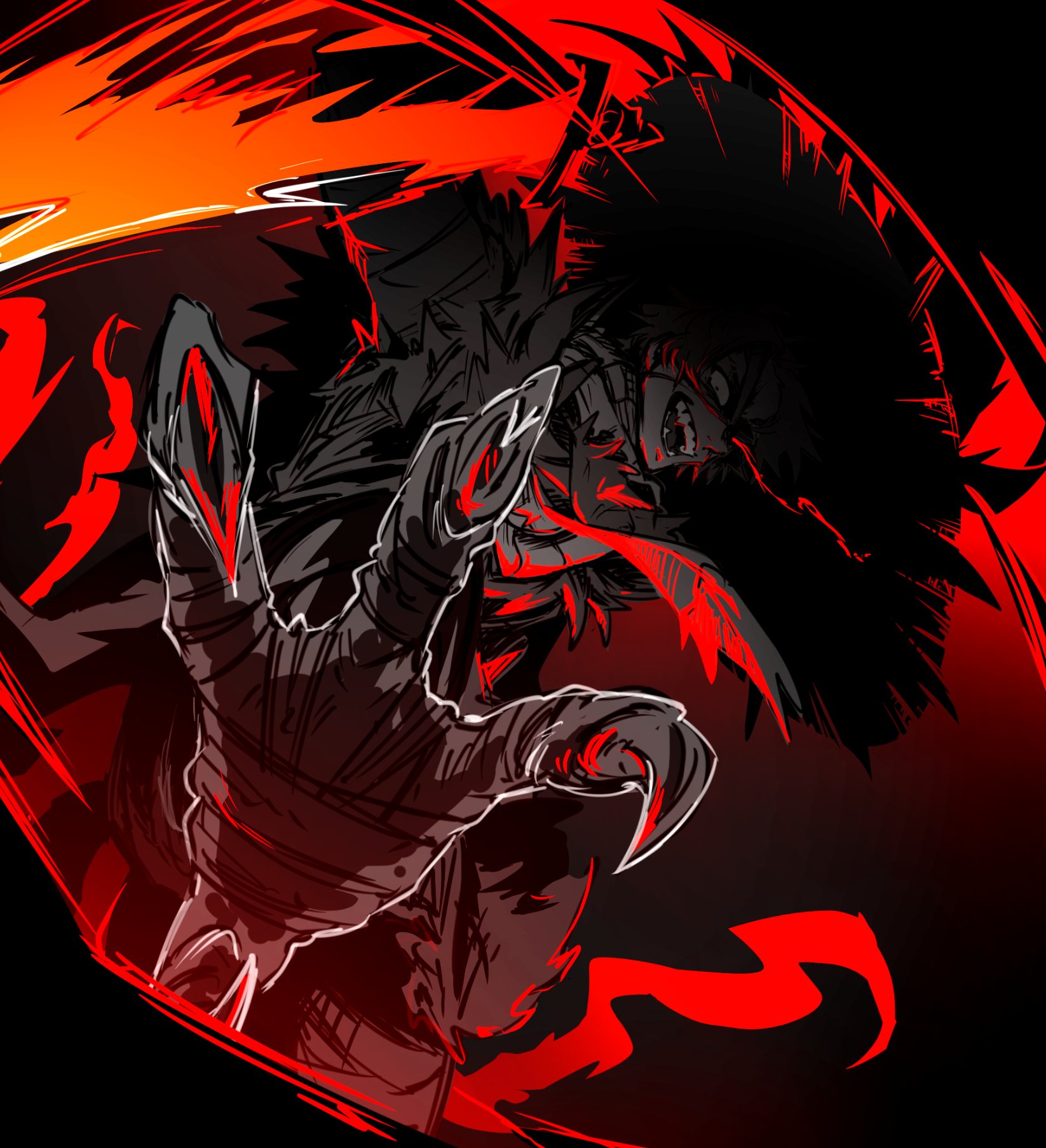 heathcliff (project moon), limbus company, project moon, highres, 1boy, brown hair, coat, hat, heishou pack-you branch (identity) (project moon), open mouth, purple eyes, red coat, red theme, rice hat, scarf, smile, solo, talons, wide-eyed, yakihatake