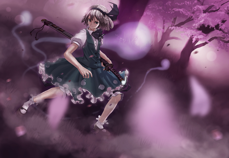 tsuda souichirou, konpaku youmu, konpaku youmu (ghost), touhou, silver hair, bad id, bad pixiv id, 1girl, black eyes, bobby socks, cherry blossoms, female focus, fighting stance, ghost, hairband, hitodama, katana, pink theme, sheath, sheathed, short hair, socks, solo, sword, weapon