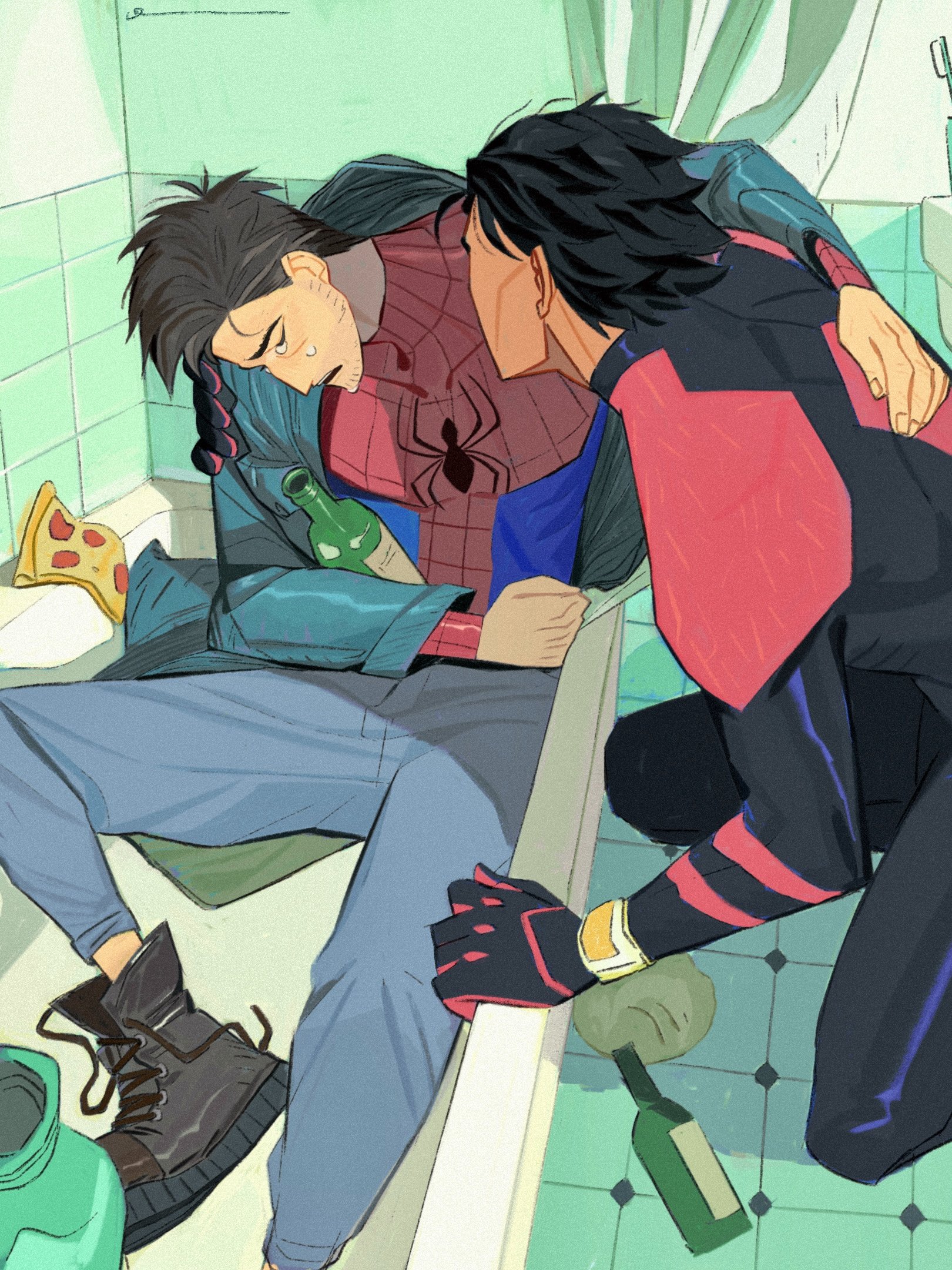 dingnin98201637, miguel o'hara, peter b parker, marvel, spider-man: across the spider-verse, spider-man (series), spider-verse, hashtag-only commentary, highres, 2boys, arm around shoulder, bathroom, bathtub, beard stubble, black boots, black hair, blue pants, bodysuit, boots, bottle, closed eyes, coat, crying, dark-skinned male, dark skin, denim, facial hair, fingernails, food, grey hair, hood, hooded coat, in bathtub, jeans, long sleeves, male focus, multicolored bodysuit, multiple boys, open mouth, pants, pizza, pizza slice, shoelaces, short hair, sitting, spider web print, stubble, tile floor, tiles, wine bottle