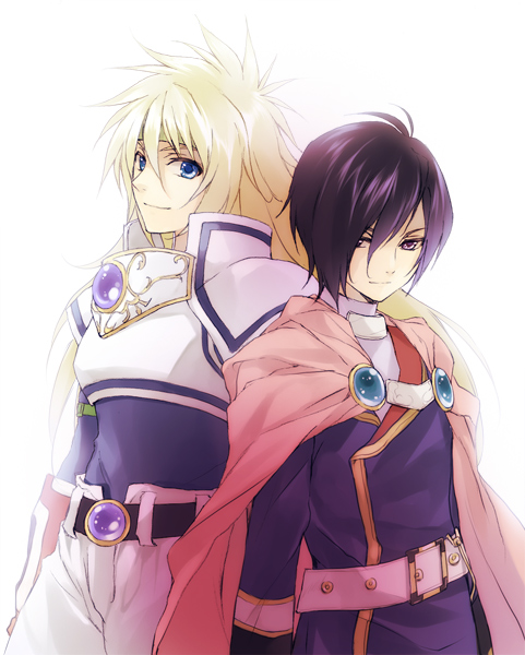ryou (kimagure), leon magnus, stahn aileron, tales of (series), tales of destiny, bad id, bad pixiv id, 2boys, armor, black hair, blonde hair, blue eyes, cape, hair over one eye, long hair, male focus, multiple boys, short hair
