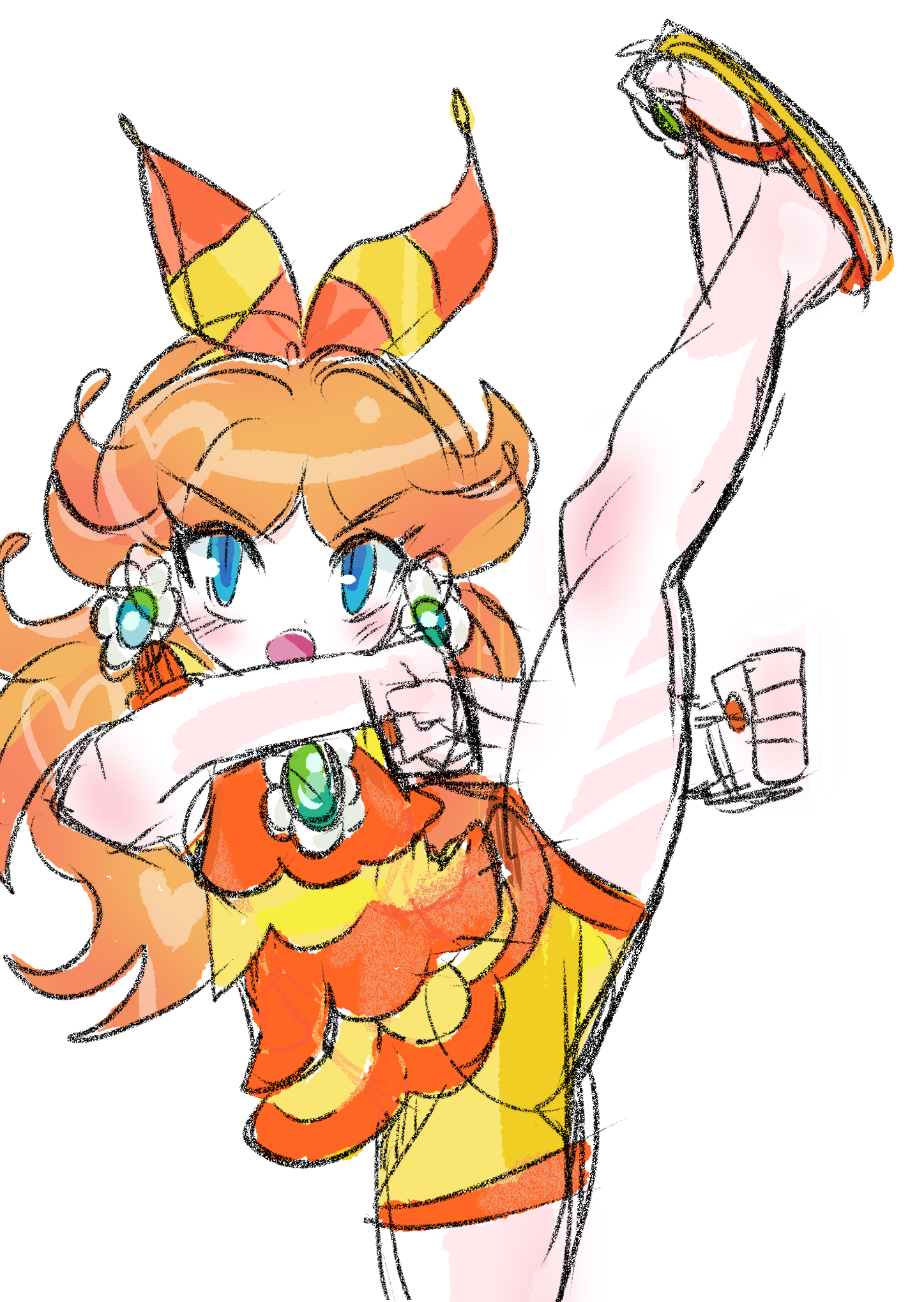 rakugaki shitagari-ya, princess daisy, princess daisy (swimwear) (mario kart tour), mario (series), mario kart, mario kart tour, nintendo, highres, 1girl, blue eyes, brown hair, earrings, flower earrings, hair ribbon, jewelry, leg up, long hair, open mouth, orange shorts, ribbon, shorts, simple background, sketch, white background