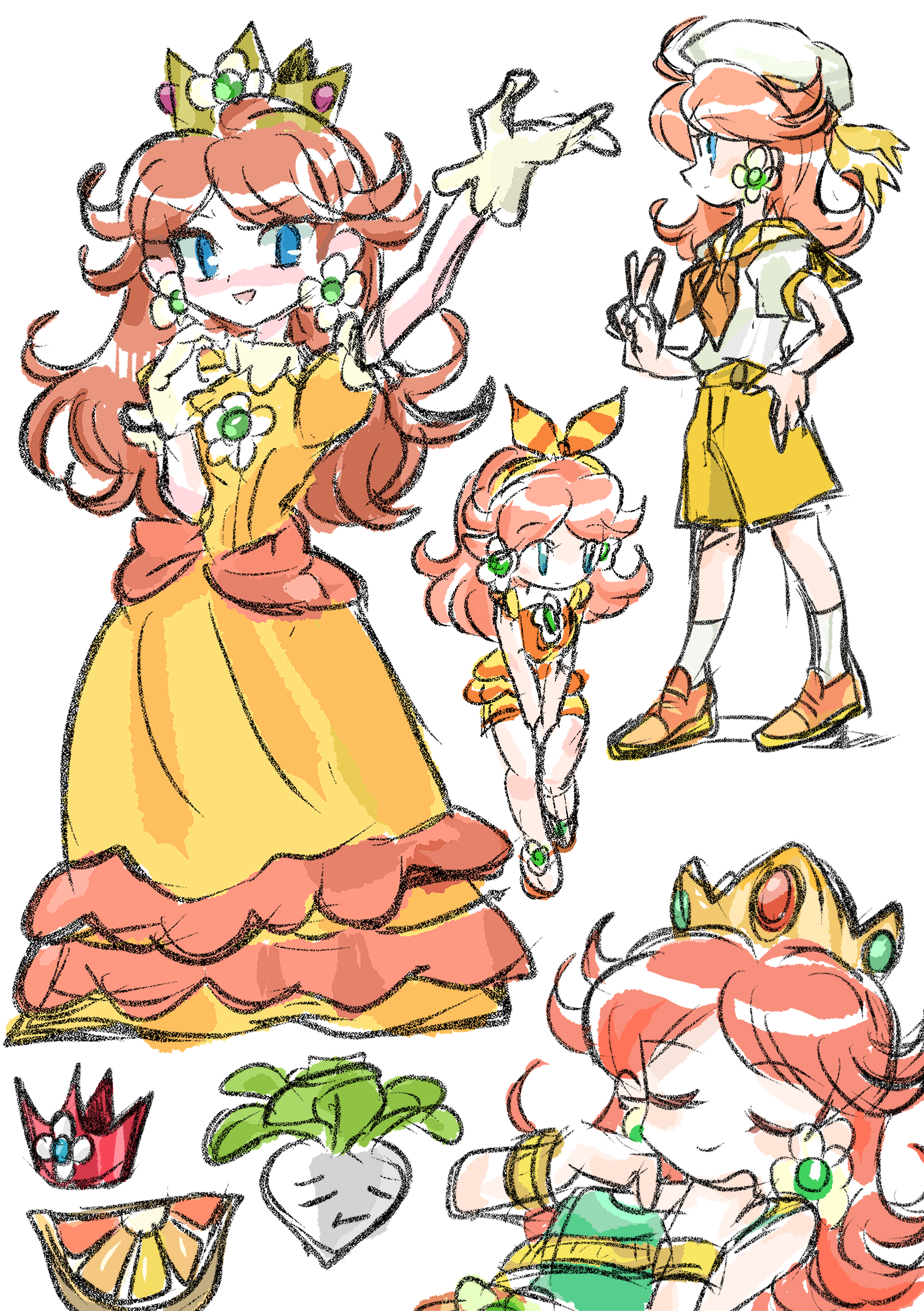 rakugaki shitagari-ya, princess daisy, princess daisy (sailor), princess daisy (swimwear) (mario kart tour), mario (series), mario kart, mario kart tour, nintendo, absurdres, highres, 1girl, blue eyes, crown, dress, earrings, flower earrings, gloves, hat, jewelry, multiple views, neckerchief, official alternate costume, orange dress, orange neckerchief, orange shorts, sailor hat, shorts, simple background, turnip (mario), white background, white gloves, white hat