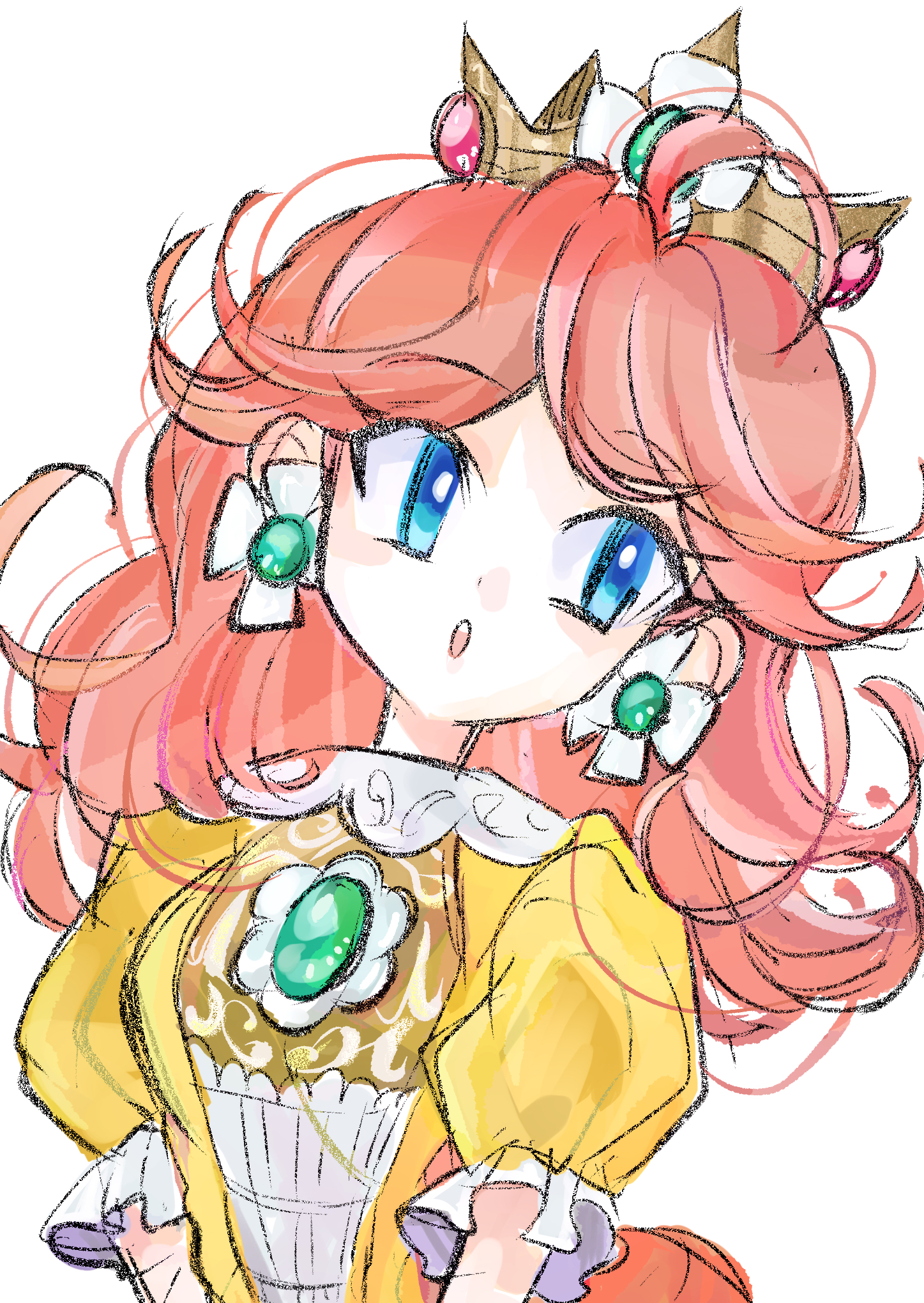 rakugaki shitagari-ya, princess daisy, mario (series), nintendo, super smash bros., highres, 1girl, blue eyes, brown hair, crown, dress, earrings, flower earrings, jewelry, long hair, orange dress, parted lips, puffy short sleeves, puffy sleeves, short sleeves, simple background, white background