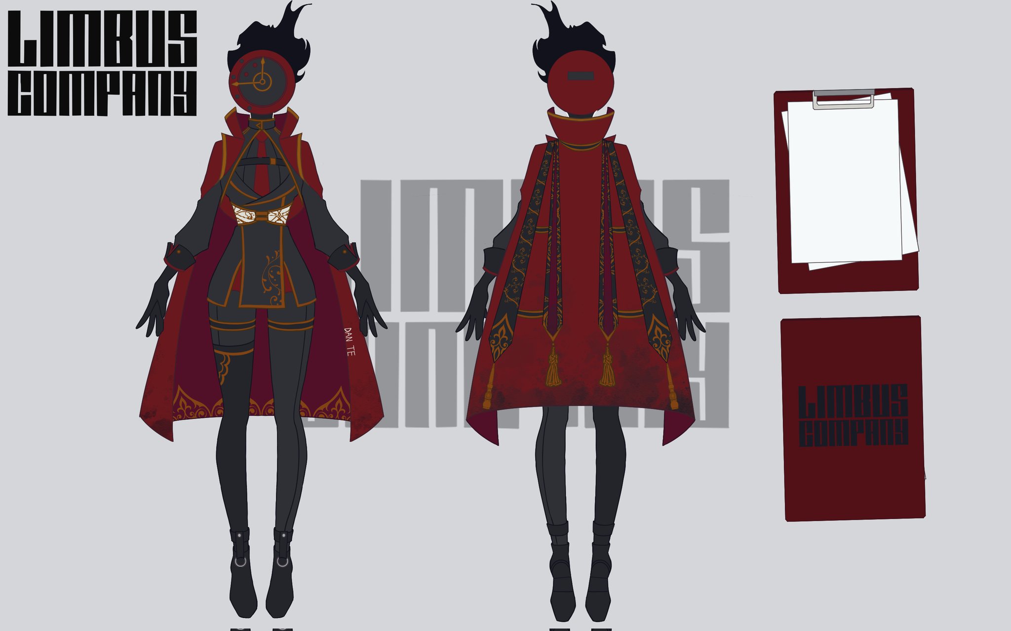 dante (limbus company), limbus company, project moon, highres, 1girl, black boots, black fire, black shirt, black skirt, black thighhighs, boots, clock, coat, coat on shoulders, collared shirt, fire, genderswap, genderswap (otf), gold trim, long sleeves, multiple views, necktie, pencil skirt, puffy long sleeves, puffy sleeves, red coat, red necktie, rodionlotte, shirt, skirt, thighhighs