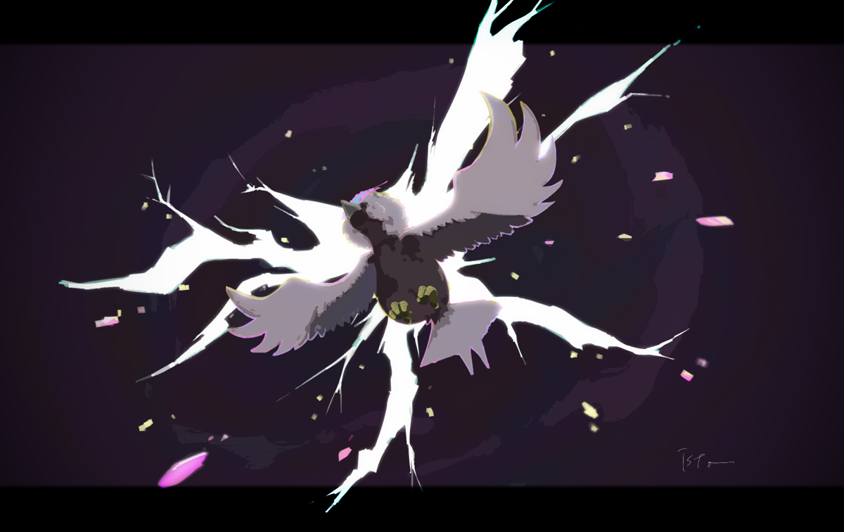 isutai, hisuian braviary, nintendo, pokemon, animal focus, bird, black border, border, feathers, full body, gliding, grey feathers, pokemon (creature), purple background, simple background, solo, talons, white feathers