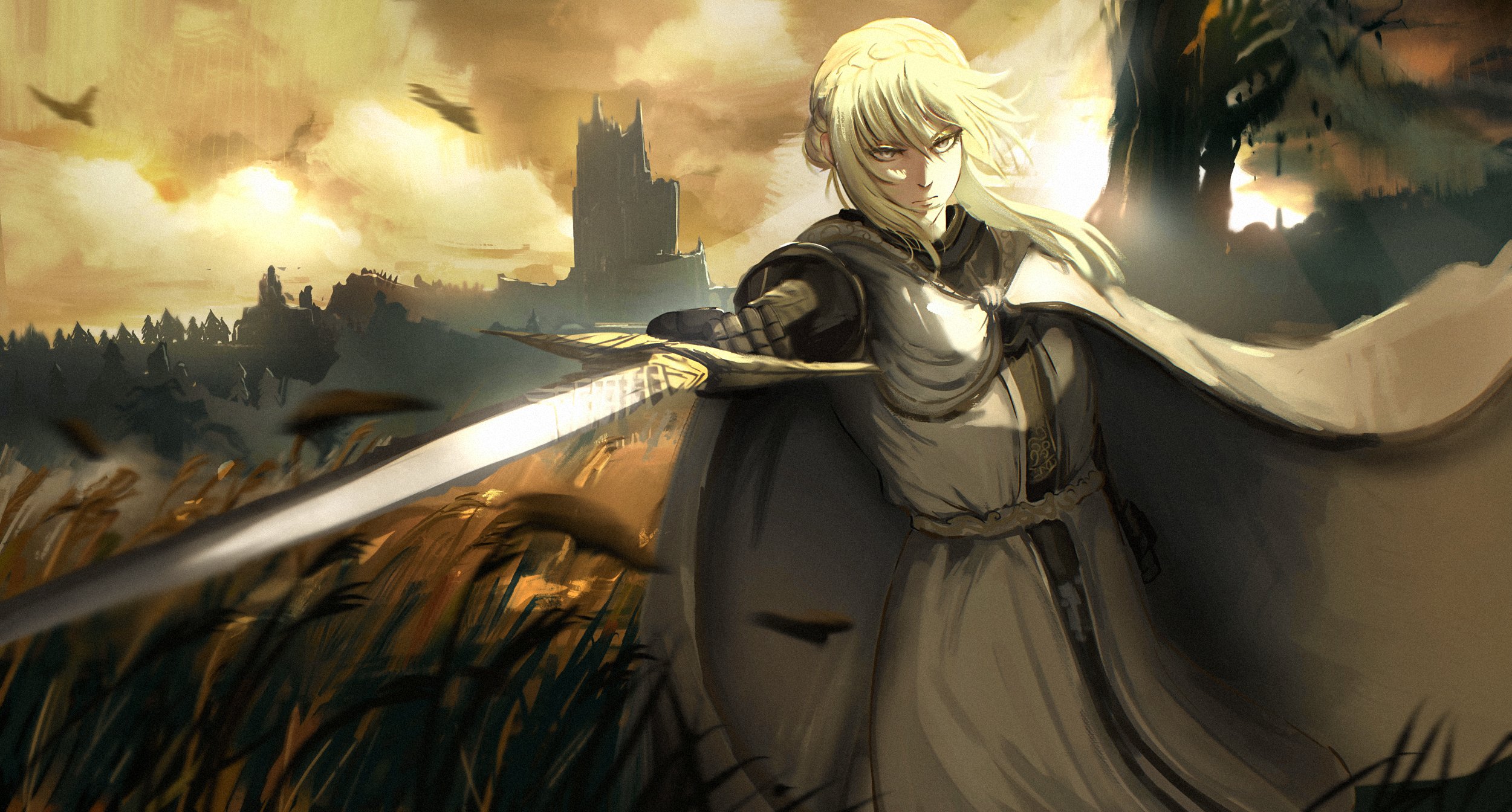 sakku art, needle knight leda, elden ring, elden ring: shadow of the erdtree, highres, 1girl, armor, blonde hair, braid, cloak, closed mouth, holding, holding sword, holding weapon, knight, long hair, looking at viewer, ornate, ornate armor, pointing, pointing at viewer, scadutree (elden ring), shaded face, solo, sword, tunic, weapon, wheat field, white cloak, white tunic