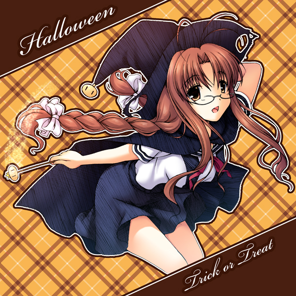 asami asami, furukawa sanae, clannad, 00s, 1girl, antenna hair, argyle background, argyle clothes, braid, brown background, brown hair, cape, female focus, glasses, hair ribbon, halloween, hat, ribbon, school uniform, solo, trick or treat, wand, witch hat