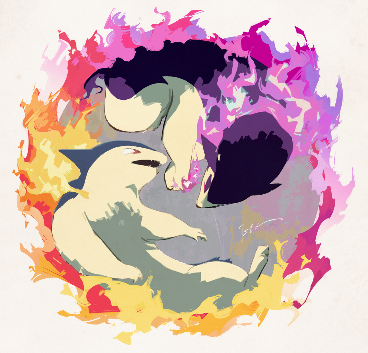 isutai, hisuian typhlosion, typhlosion, nintendo, pokemon, fangs, fire, full body, gen 2 pokemon, looking at another, no humans, pokemon (creature), purple fire, purple fur, red eyes, regional and normal, simple background, two-tone fur, white background, yellow fur