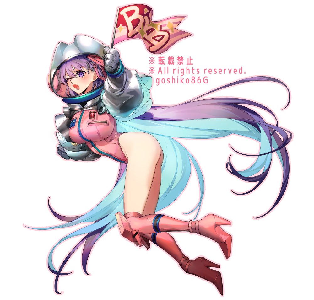 goshiko86g, bb (fate), bb cosmo (fate), fate/grand order, fate (series), 1girl, artist name, ass, blue hair, breasts, colored inner hair, english text, flag, full body, gloves, helmet, high heels, holding, holding flag, large breasts, leotard, long sleeves, looking at viewer, lower teeth only, multicolored hair, open mouth, over-kneehighs, pink leotard, purple eyes, purple hair, solo, space helmet, teeth, thighhighs, two-tone hair