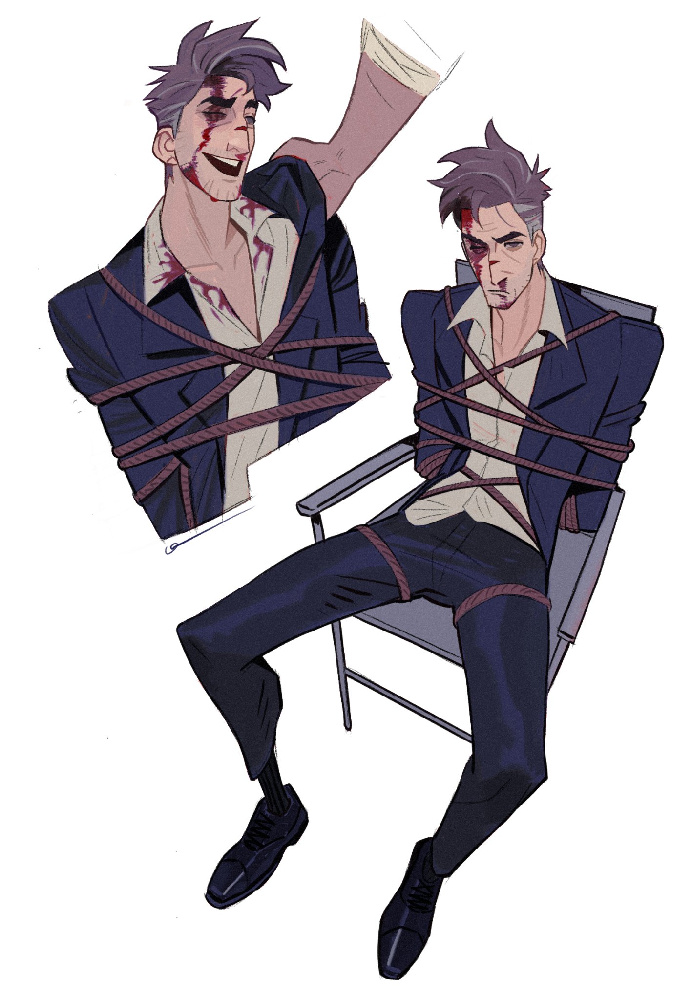 dingnin98201637, miguel o'hara, peter b parker, marvel, spider-man: across the spider-verse, spider-man (series), spider-verse, hashtag-only commentary, highres, 2boys, beard stubble, black shoes, black socks, blood, blood on clothes, blood on face, blue pants, bound, chair, closed mouth, clothes grab, collared shirt, cropped torso, dress shoes, dried blood, facial hair, frown, grey eyes, grey hair, injury, lapels, male focus, multiple boys, multiple views, notched lapels, on chair, open collar, open mouth, pants, shirt, shoes, short hair, simple background, sitting, smile, socks, solo focus, stubble, teeth, tied up (nonsexual), upper teeth only, white background, wing collar