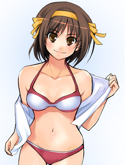 azu, suzumiya haruhi, suzumiya haruhi no yuuutsu, 00s, bikini, brown eyes, brown hair, smile, solo, swimsuit