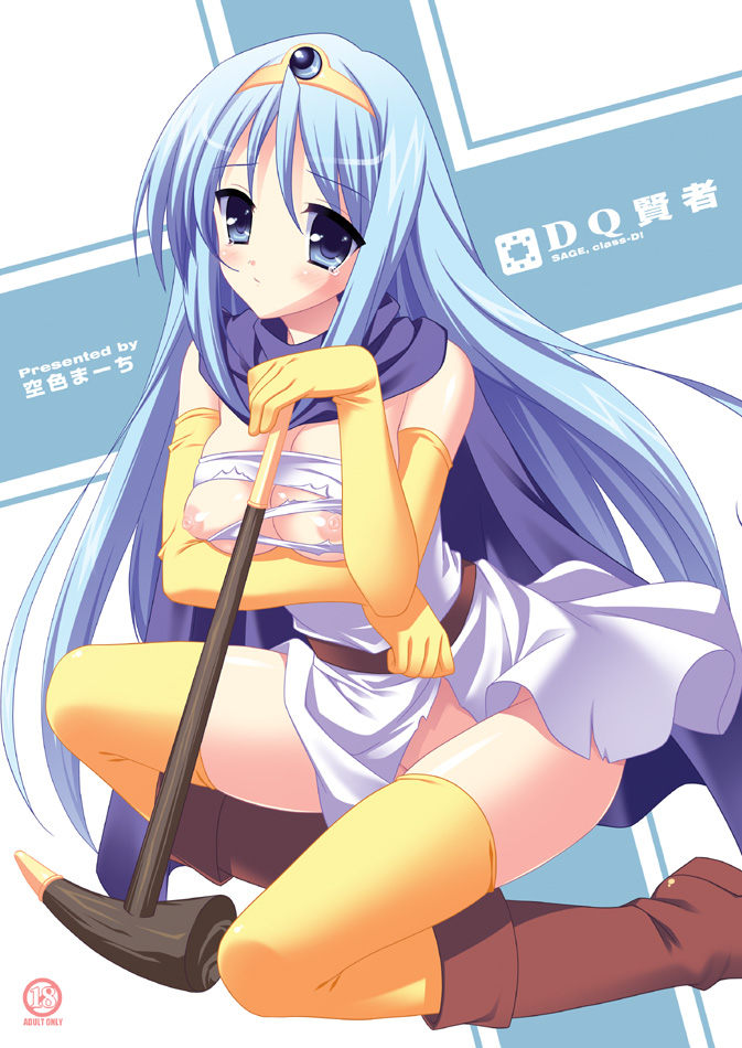 narusawa sora, sage (dq3), chunsoft, dragon quest, dragon quest iii, enix, 1girl, belt, blue eyes, blue hair, boots, breasts, cape, circlet, elbow gloves, female focus, gloves, kneeling, long hair, matching hair/eyes, medium breasts, nipples, no panties, skirt, solo, staff, thighhighs, torn clothes