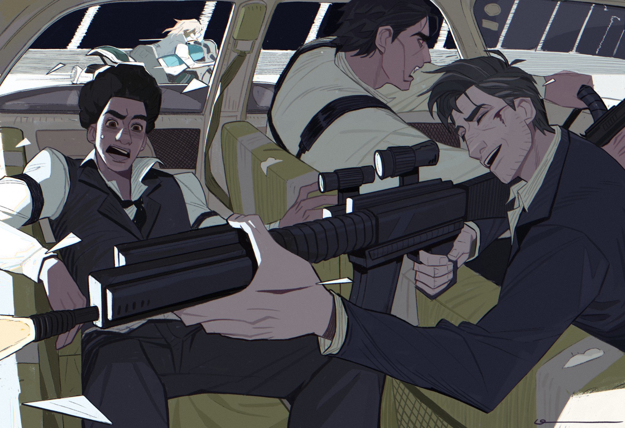 dingnin98201637, gwen stacy, miguel o'hara, miles morales, peter b parker, marvel, spider-man: across the spider-verse, spider-man (series), spider-verse, commentary request, highres, 1girl, 3boys, afro, alternate universe, beard stubble, black jacket, black vest, blonde hair, blood, blood on face, brown eyes, car interior, collared shirt, facial hair, flashlight, gun, harness, holding, holding flashlight, holding gun, holding weapon, injury, jacket, layered sleeves, long sleeves, male focus, motor vehicle, motorcycle, multiple boys, nervous sweating, on motorcycle, one eye closed, open mouth, shirt, short sideburns, steering wheel, stubble, suit jacket, sweat, teeth, tongue, upper teeth only, vest, weapon, white shirt, wing collar