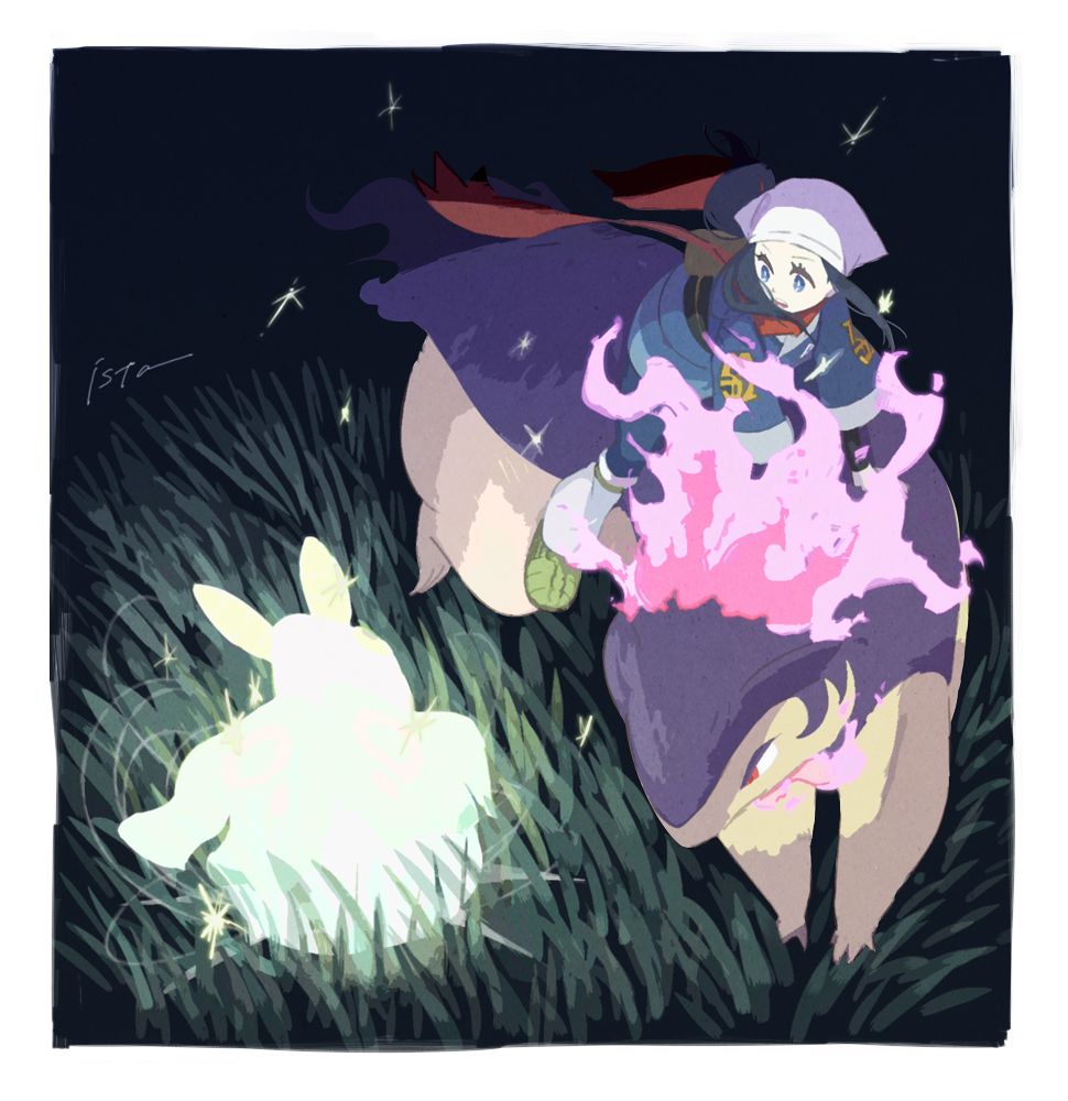 isutai, akari (pokemon), hisuian typhlosion, nintendo, pokemon, pokemon legends: arceus, 1girl, black background, black hair, black sash, blue coat, border, coat, fire, full body, galaxy expedition team survey corps uniform, headscarf, leg warmers, long hair, looking at object, on grass, outdoors, pokemon (creature), ponytail, purple fire, purple fur, red scarf, riding, riding pokemon, sash, scarf, sidelocks, standing, two-tone fur, white border, white headscarf, white leg warmers, yellow fur