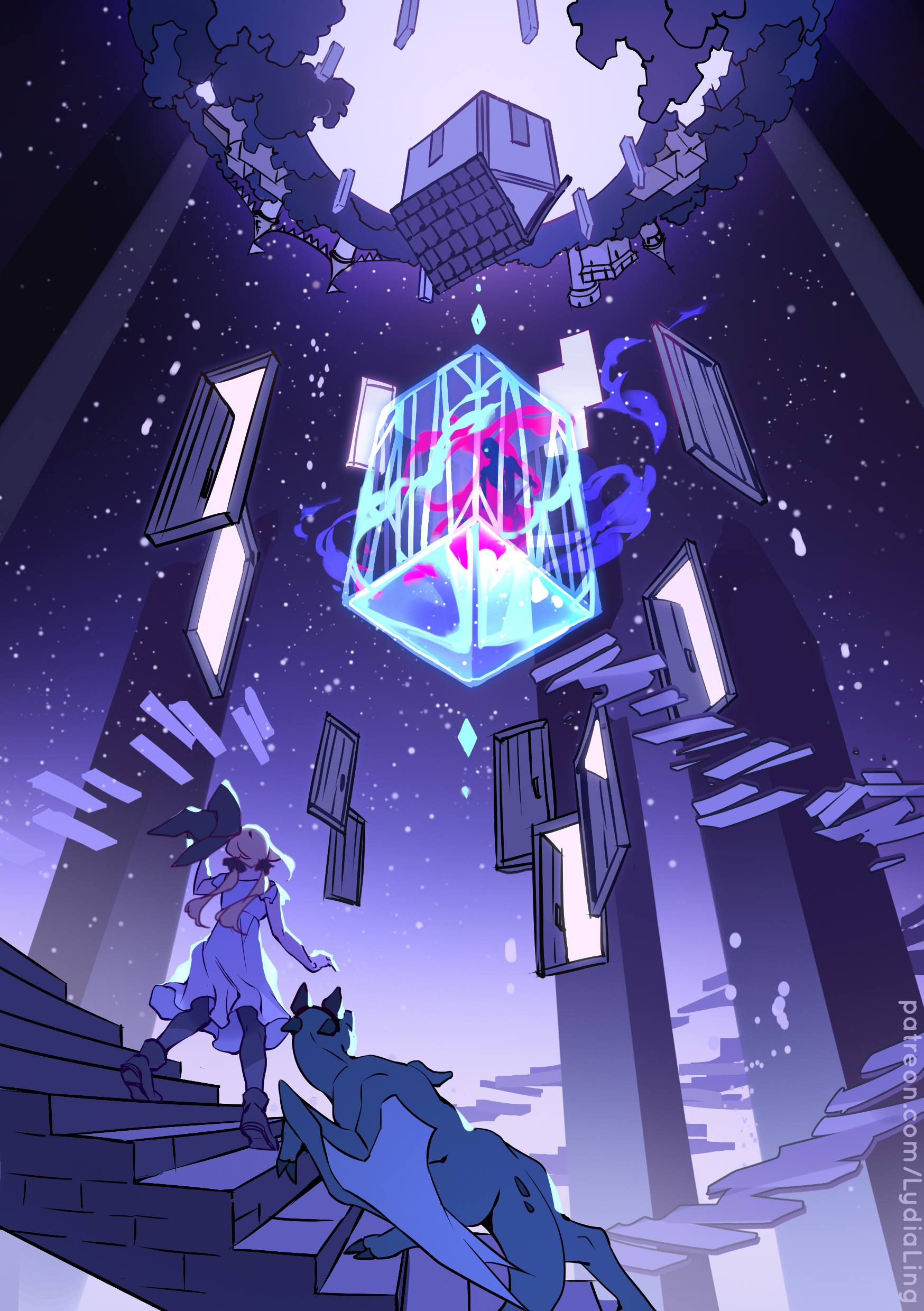 lydialing draws, absurdres, commentary, english commentary, highres, 1boy, 1girl, black boots, black hat, boots, cage, door, dragon, dress, energy, floating, floating object, hat, house, light particles, long hair, stairs, the ink apprentice, trapped, white dress, wide shot, witch, witch hat