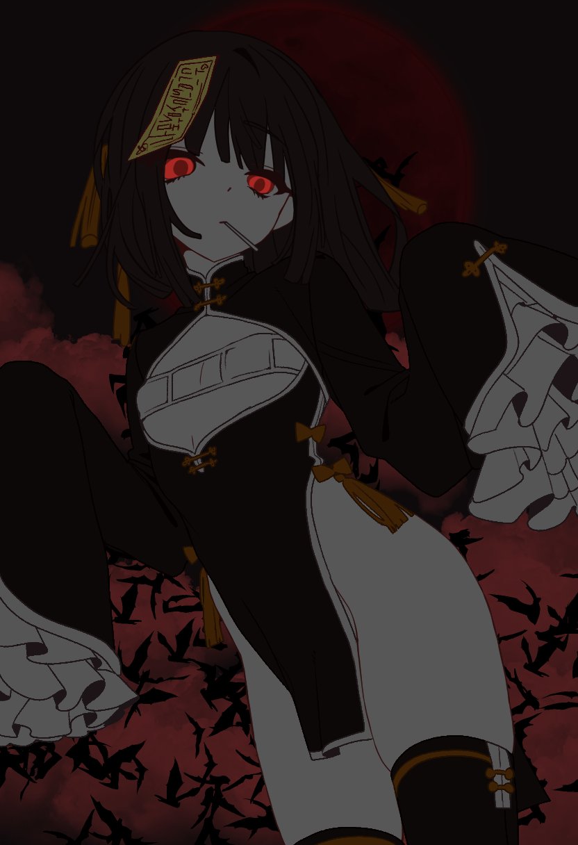 ryoshu (project moon), limbus company, project moon, highres, 1girl, bikini, black dress, black hair, black thighhighs, breastless clothes, china dress, chinese clothes, cigarette, closed mouth, dress, eyepatch bikini, flat chest, frilled sleeves, frills, glowing, glowing eyes, jiangshi, looking at viewer, medium hair, moon, ofuda, ofuda on head, red moon, ribbon, rodionlotte, solo, swimsuit, tassel, thighhighs, white bikini, yellow ribbon