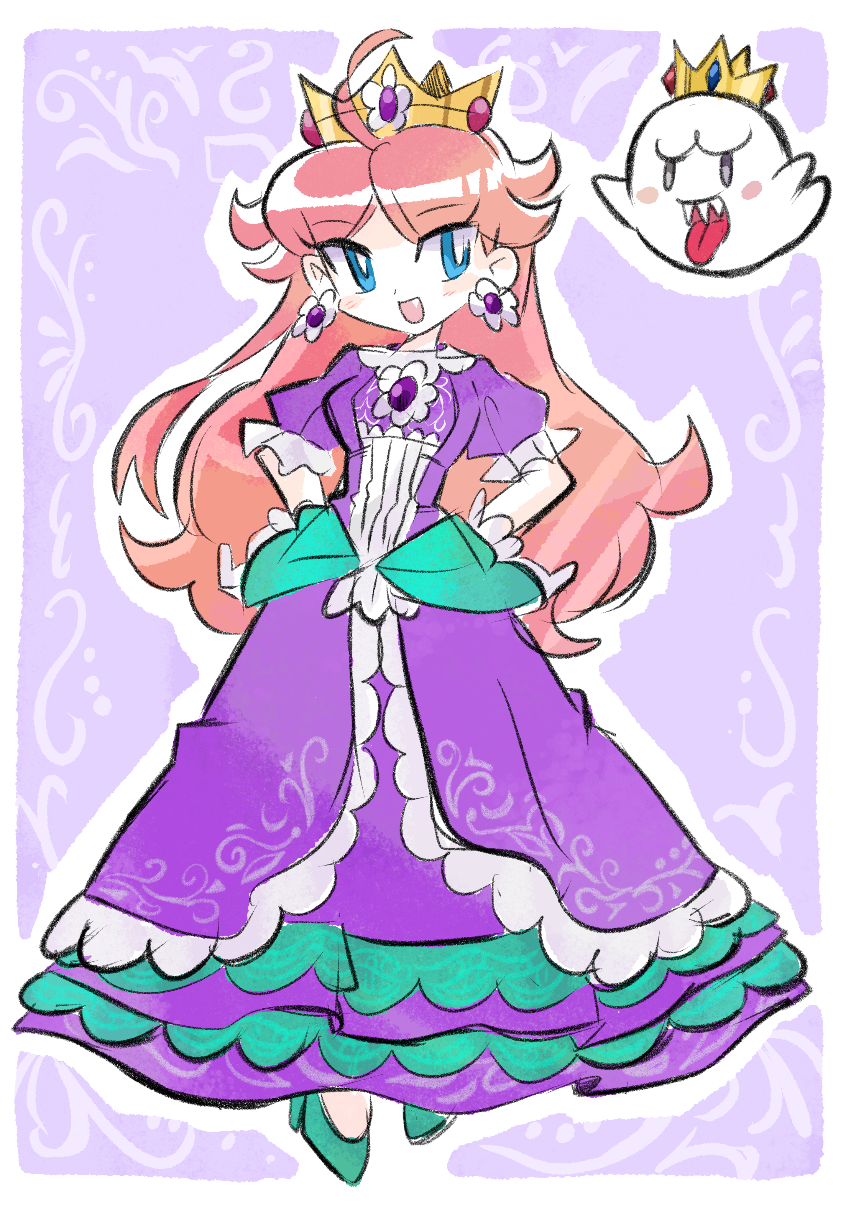 rakugaki shitagari-ya, boo (mario), princess daisy, mario (series), nintendo, absurdres, highres, 1girl, blue eyes, brown hair, crown, dress, earrings, flower earrings, ghost, hands on own hips, jewelry, long hair, open mouth, purple background, purple dress, sharp teeth, smile, teeth