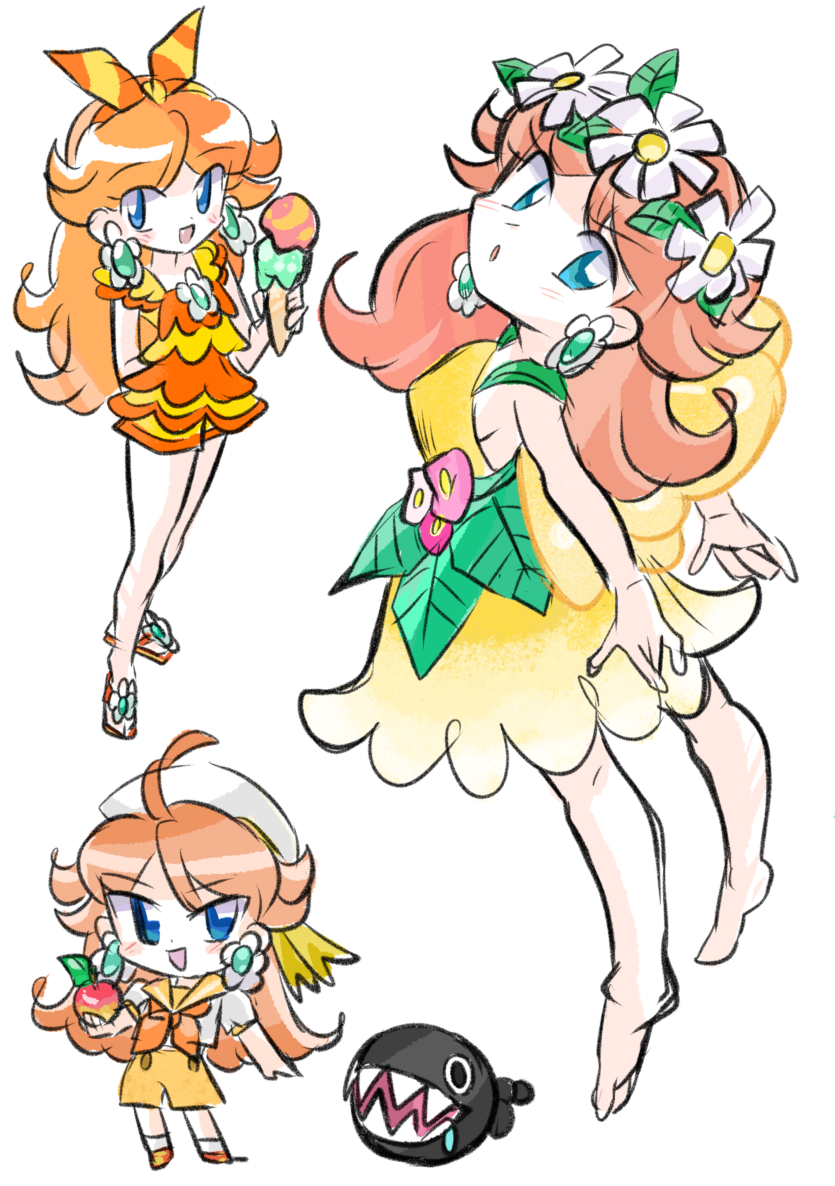 rakugaki shitagari-ya, chain chomp, princess daisy, princess daisy (fairy), princess daisy (sailor), princess daisy (swimwear) (mario kart tour), mario (series), mario kart, mario kart tour, nintendo, absurdres, highres, 1girl, apple, blue eyes, brown hair, dress, earrings, fairy, flower, flower earrings, food, fruit, hair flower, hair ornament, hat, holding, holding food, holding fruit, holding ice cream, ice cream, ice cream cone, jewelry, long hair, multiple views, simple background, white background, white hat, yellow dress