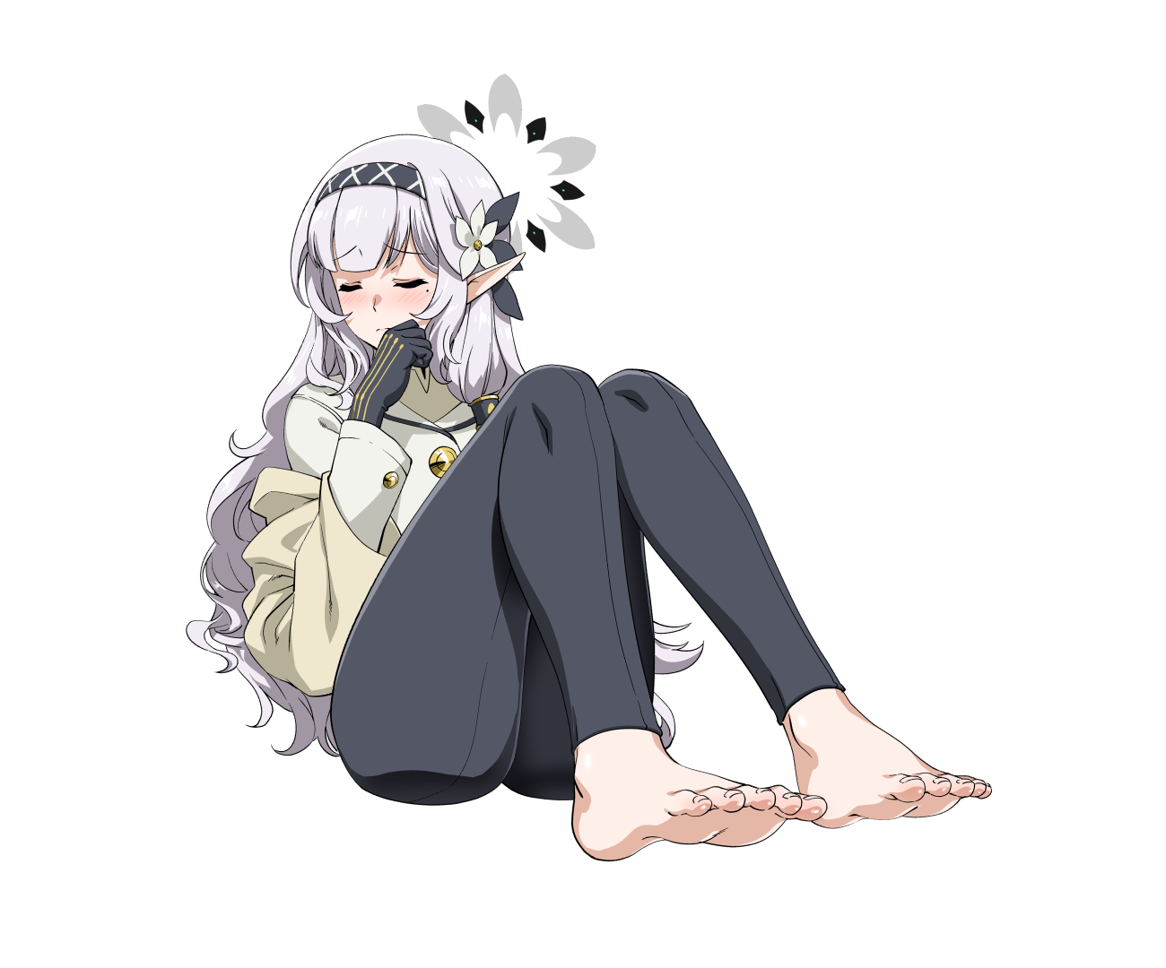 henshako, himari (blue archive), blue archive, commentary request, 1girl, 3:, averting eyes, barefoot, black hairband, black pants, blonde hair, blunt bangs, blush, closed eyes, closed mouth, feet, flower, foot focus, full body, furrowed brow, grey hair, grey halo, hair flower, hair ornament, hair tubes, hairband, halo, hand up, jacket, knees up, legs, long hair, long pointy ears, long sleeves, mole, mole under eye, pants, pointy ears, sidelocks, simple background, sitting, soles, solo, thighs, toenails, toes, very long hair, white background, white flower, white jacket