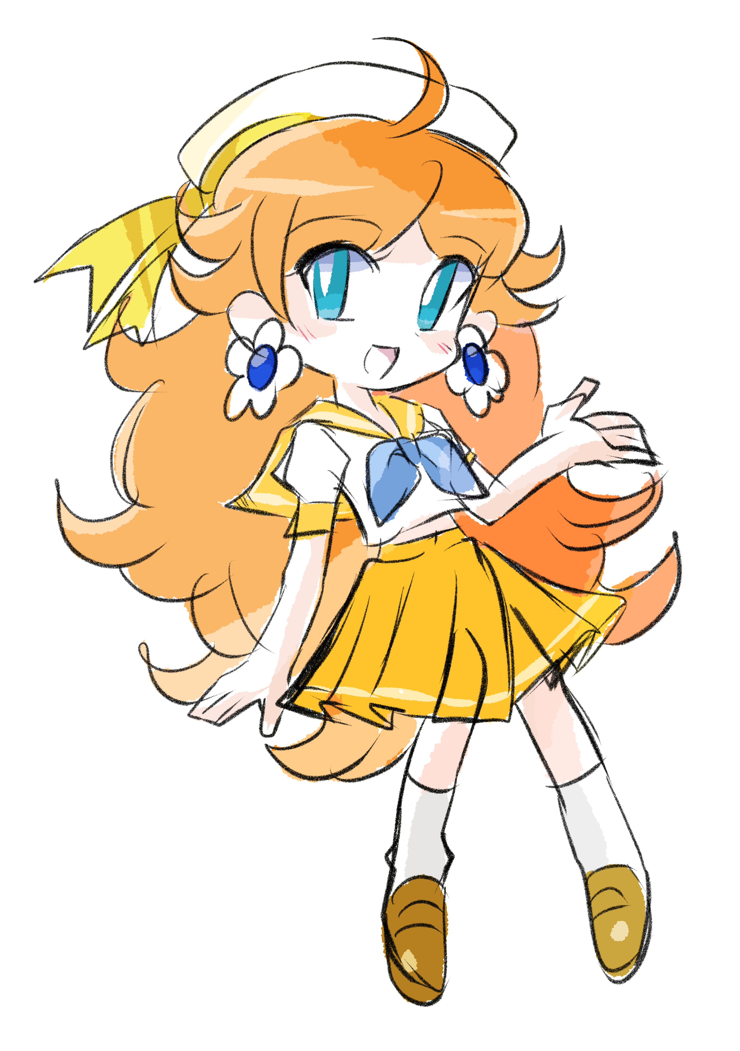 rakugaki shitagari-ya, princess daisy, princess daisy (sailor), mario (series), mario kart, mario kart tour, nintendo, absurdres, highres, 1girl, blue eyes, blue neckerchief, brown hair, brown shoes, hat, long hair, neckerchief, open mouth, orange skirt, pleated skirt, shoes, simple background, skirt, smile, socks, white background, white hat, white socks