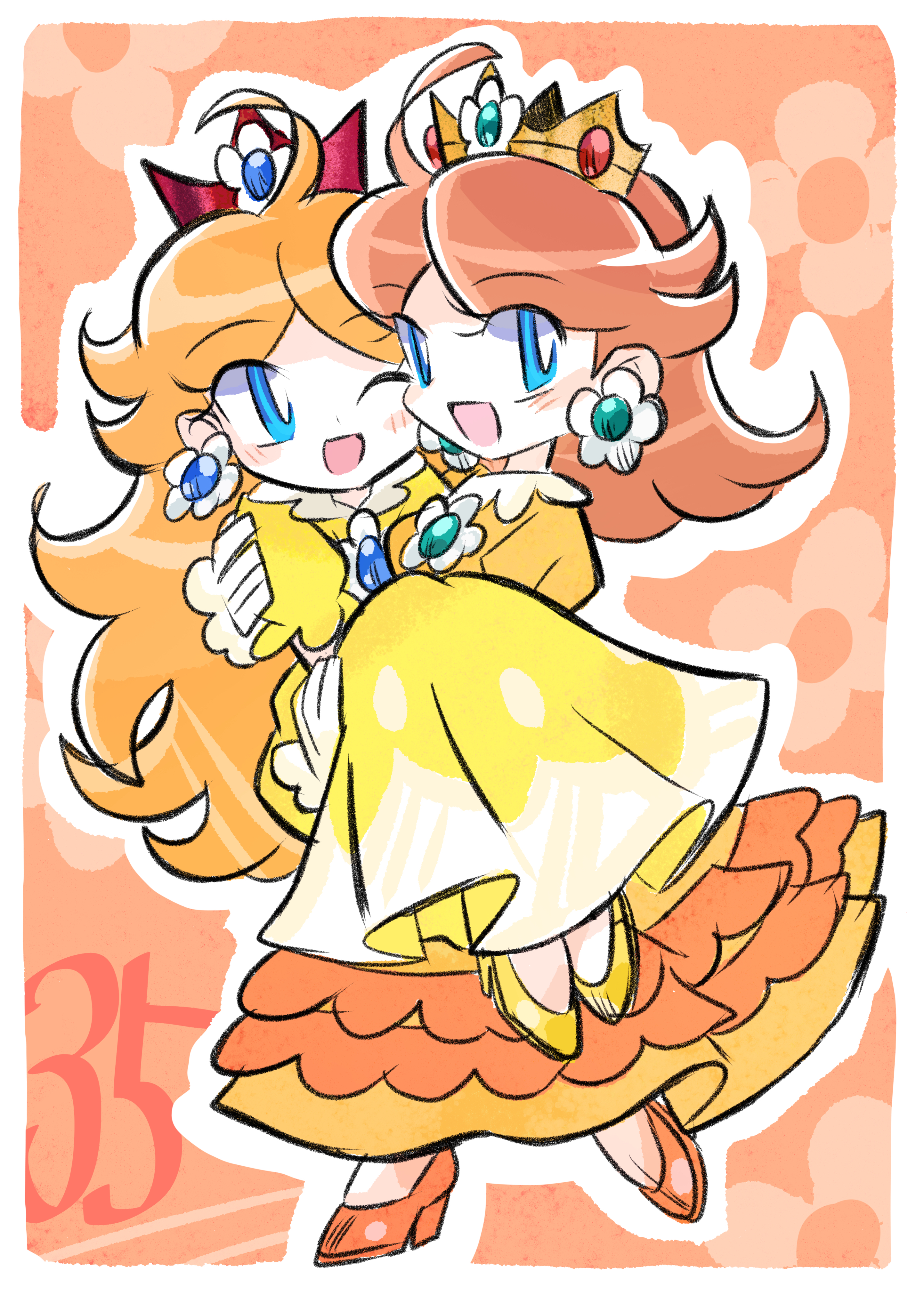 rakugaki shitagari-ya, princess daisy, mario (series), nintendo, absurdres, highres, brown hair, carrying, crown, dress, dual persona, earrings, floral background, flower earrings, gloves, high heels, jewelry, long hair, one eye closed, open mouth, orange shoes, princess carry, shoes, smile, white gloves, yellow dress