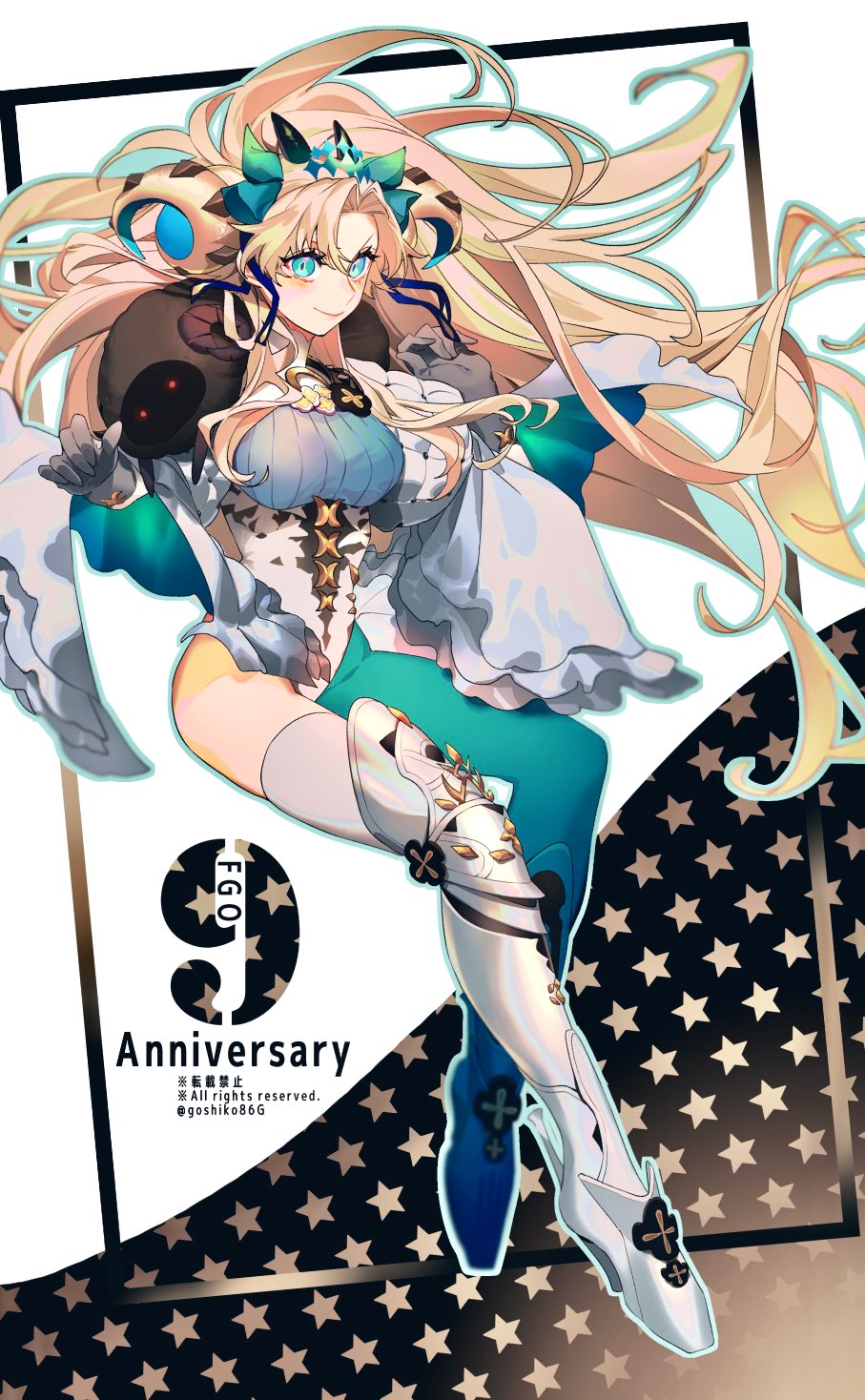 goshiko86g, ereshkigal (fate), space ereshkigal (fate), fate/grand order, fate (series), highres, 1girl, anniversary, aqua eyes, aqua pantyhose, armor, artist name, asymmetrical legwear, blonde hair, border, breasts, collared leotard, curled horns, english text, floating, floating hair, full body, gloves, grey gloves, high heels, highleg, highleg leotard, horns, impossible clothes, knee armor, large breasts, leotard, long hair, looking at viewer, pantyhose, parted bangs, sheep, sheep horns, single leg pantyhose, single thighhigh, smile, solo, thighhighs, tiara, very long hair