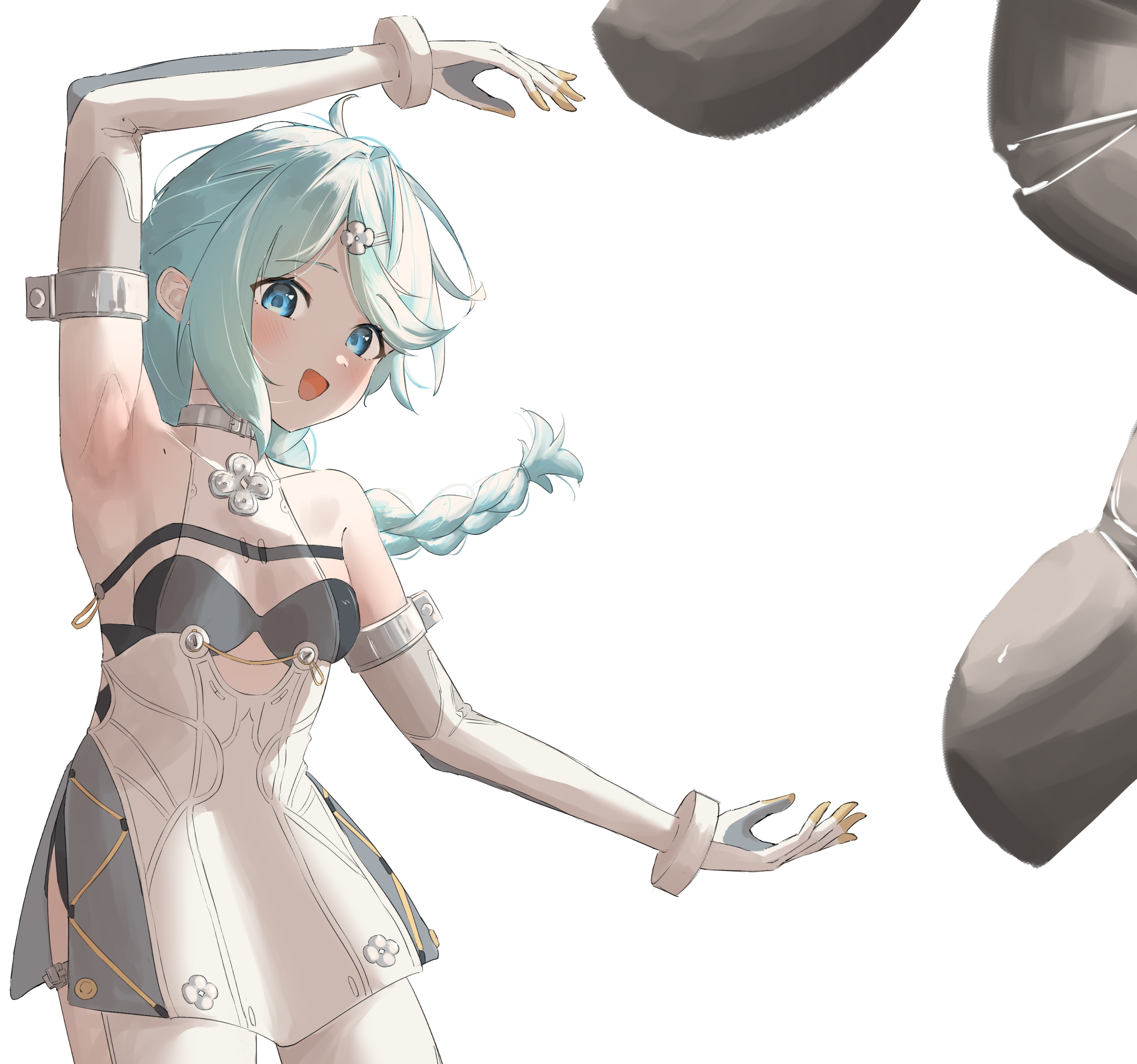 seed (zenless zone zero), seed sr., zenless zone zero, absurdres, commentary request, highres, 1girl, arm up, armpits, bare shoulders, blue eyes, blue hair, braid, braided ponytail, breasts, clothing cutout, cowboy shot, detached sleeves, flower hairpin, formal clothes, gloves, ikura motimoti, mole, mole on shoulder, open mouth, see-through dress layer, simple background, small breasts, suit, thigh cutout, white background, white gloves, white suit