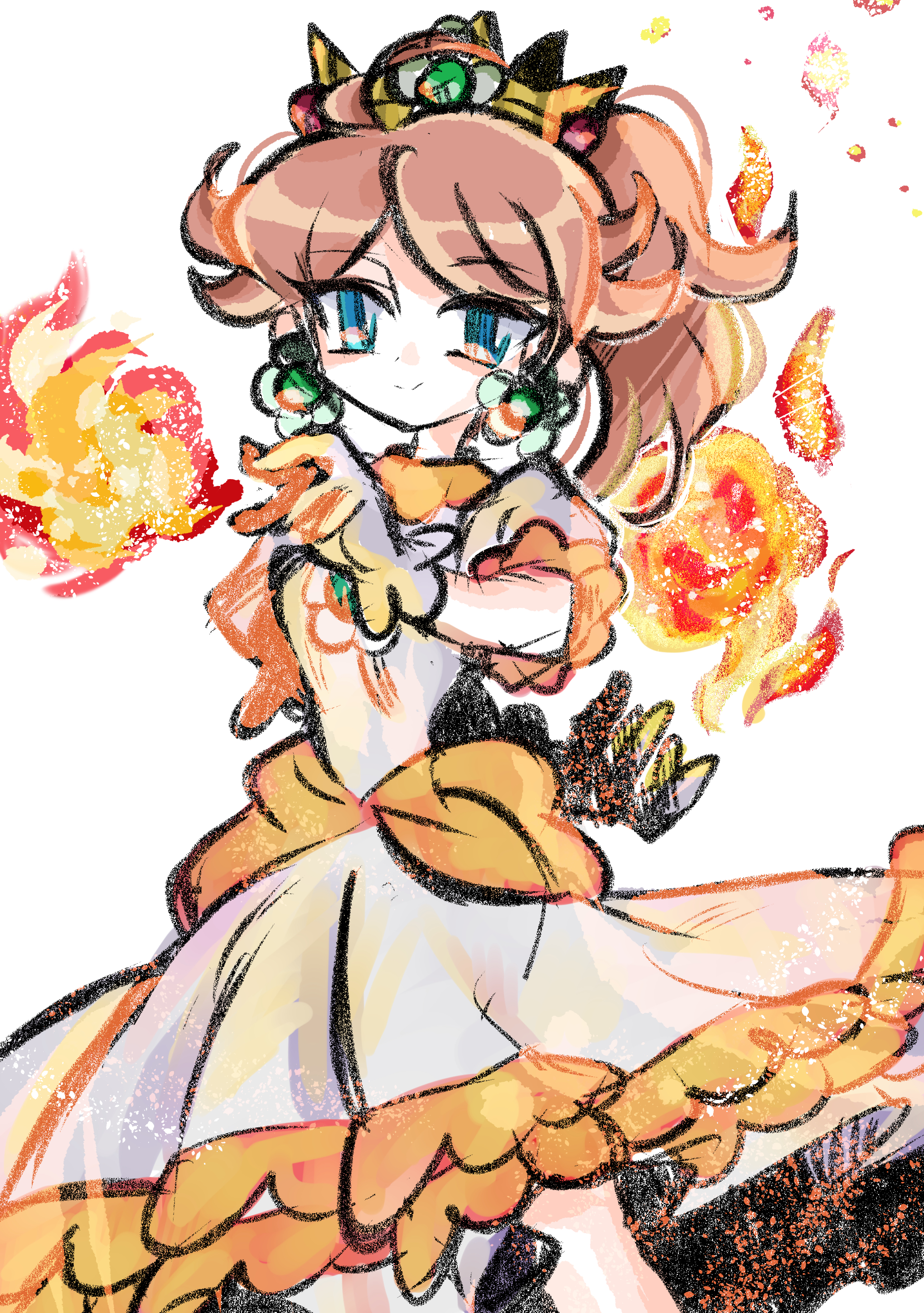 rakugaki shitagari-ya, princess daisy, mario (series), nintendo, super mario bros. wonder, absurdres, highres, 1girl, blue eyes, brown hair, crown, dress, fire, fireball, gloves, long hair, looking at viewer, orange dress, ponytail, pyrokinesis, simple background, smile, white background, white gloves
