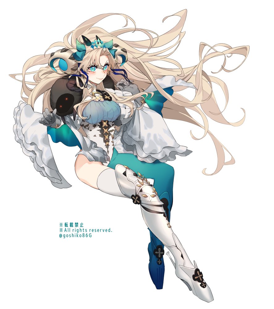goshiko86g, ereshkigal (fate), space ereshkigal (fate), fate/grand order, fate (series), 1girl, aqua eyes, aqua pantyhose, armor, artist name, asymmetrical legwear, blonde hair, breasts, collared leotard, curled horns, english text, floating, floating hair, full body, gloves, grey gloves, high heels, highleg, highleg leotard, horns, impossible clothes, knee armor, large breasts, leotard, long hair, looking at viewer, pantyhose, parted bangs, sheep, sheep horns, simple background, single leg pantyhose, single thighhigh, smile, solo, thighhighs, tiara, very long hair