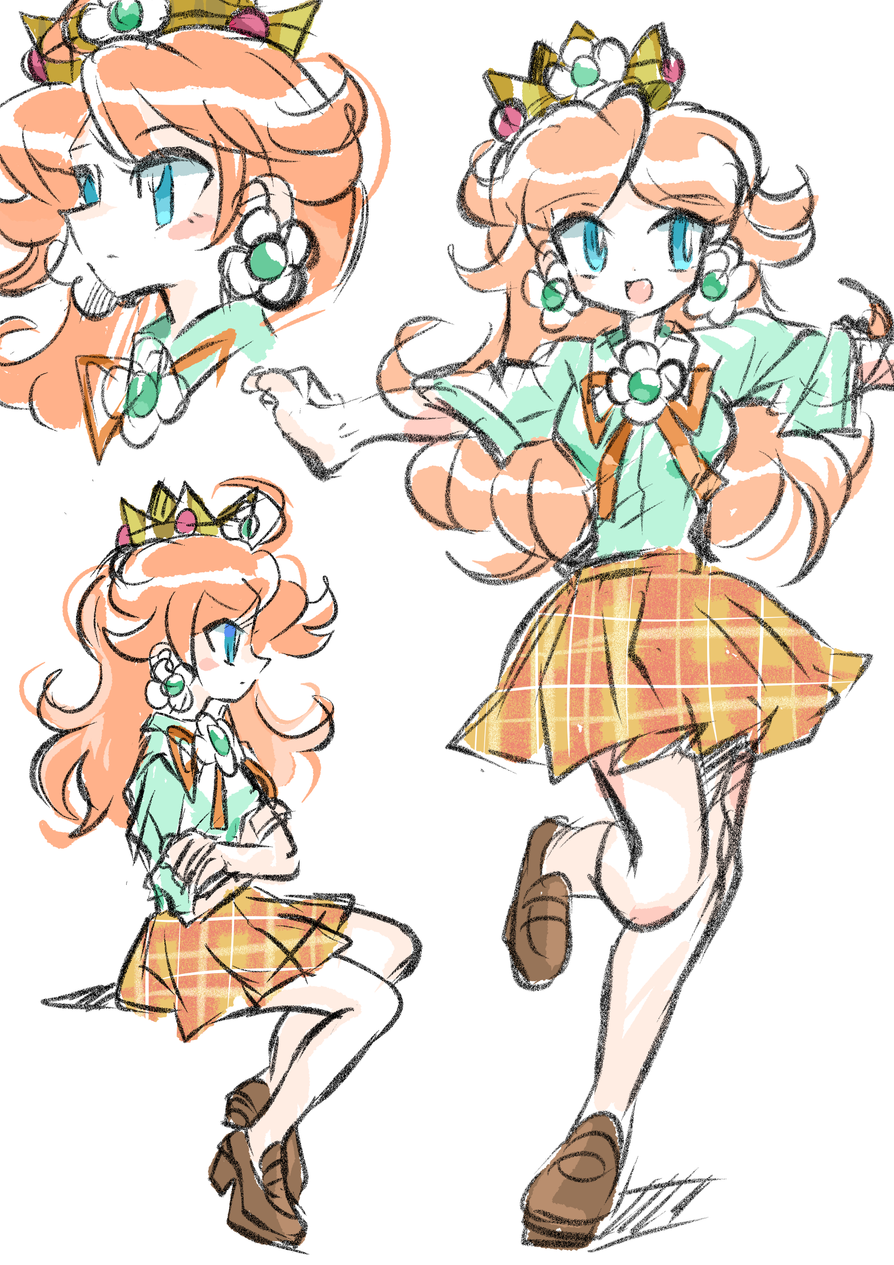 rakugaki shitagari-ya, princess daisy, mario (series), nintendo, absurdres, highres, 1girl, blue eyes, brown hair, brown shoes, crossed arms, crown, earrings, flower earrings, jewelry, long hair, open mouth, orange skirt, pleated skirt, school uniform, shoes, simple background, sitting, skirt, smile, white background