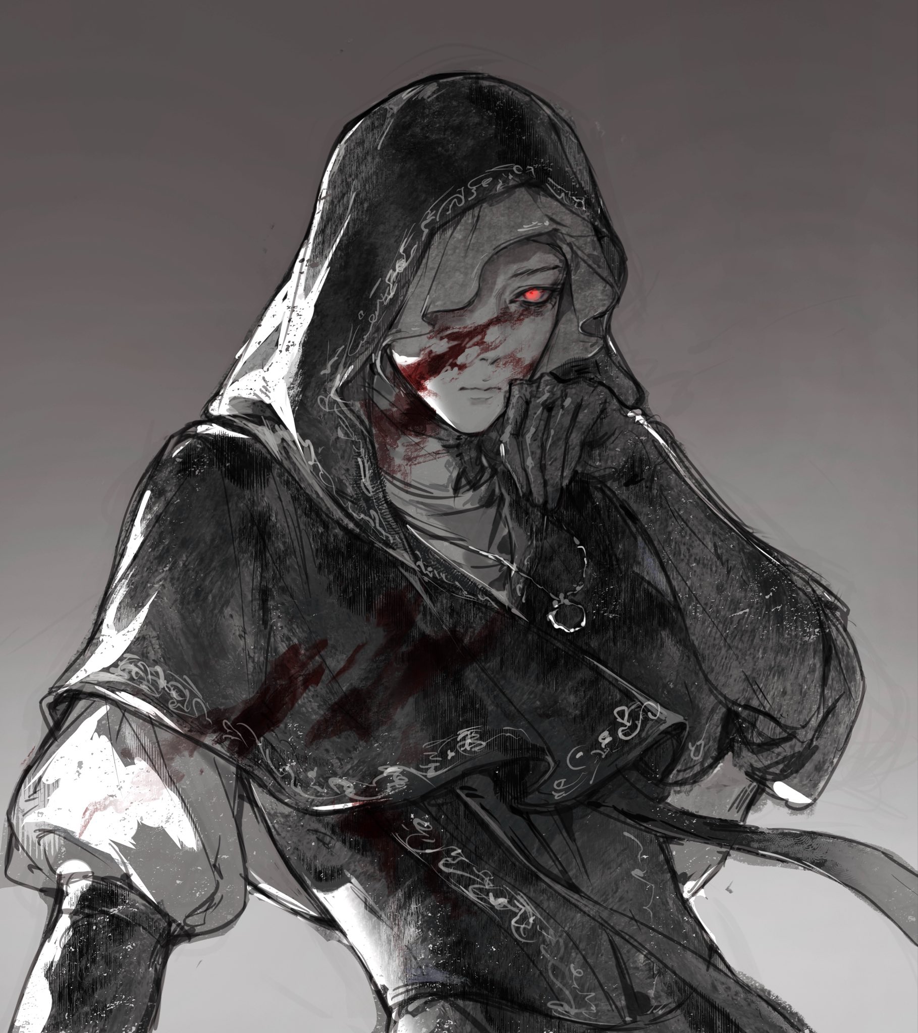 elden ring, elden ring nightreign, highres, 1girl, black gloves, blood, blood on face, elbow gloves, gloves, grey background, hood, hood up, jewelry, jivynni, limited palette, necklace, nun, one eye covered, red eyes, solo, staring, undertaker (elden ring), upper body, wiping face