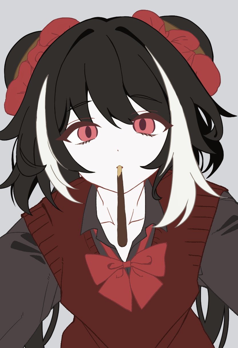 jia xichun (project moon), limbus company, project moon, highres, 1girl, black hair, black shirt, bow, bowtie, collared shirt, double bun, food, food in mouth, grey background, hair bun, incoming pocky kiss, long hair, looking at viewer, low twintails, multicolored hair, pocky, pocky in mouth, pov, red bow, red bowtie, red scrunchie, rodionlotte, scrunchie, shirt, simple background, solo, streaked hair, twintails, very long hair, white hair