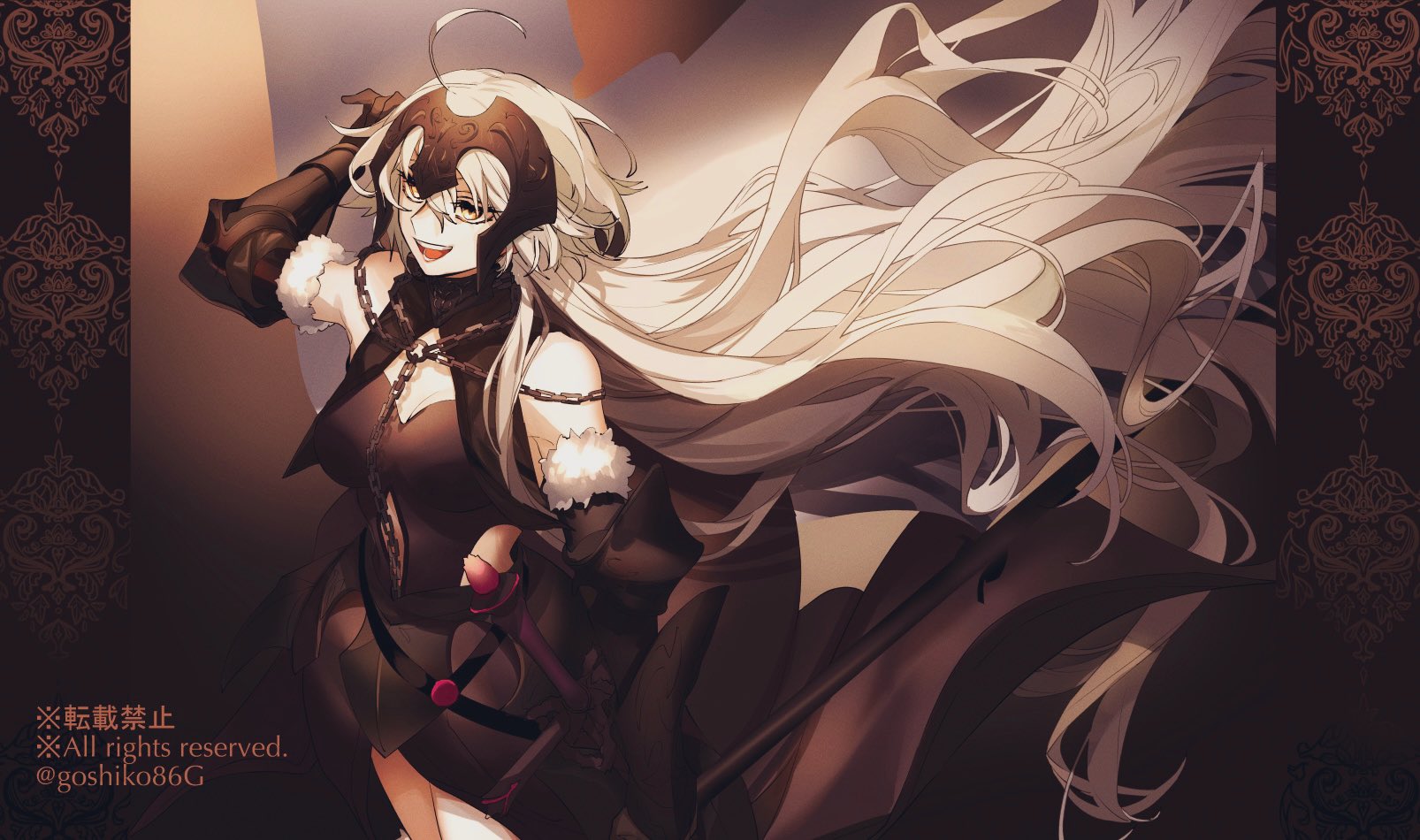 goshiko86g, jeanne d'arc alter (avenger) (fate), jeanne d'arc alter (avenger) (third ascension) (fate), jeanne d'arc alter (fate), fate/grand order, fate (series), highres, 1girl, ahoge, arm up, artist name, bare shoulders, black dress, border, chain, clothing cutout, copyright notice, cowboy shot, detached sleeves, dress, english text, floating hair, gauntlets, long hair, looking to the side, navel cutout, ornate border, side cutout, smile, solo, sword, teeth, very long hair, weapon, white hair, yellow eyes