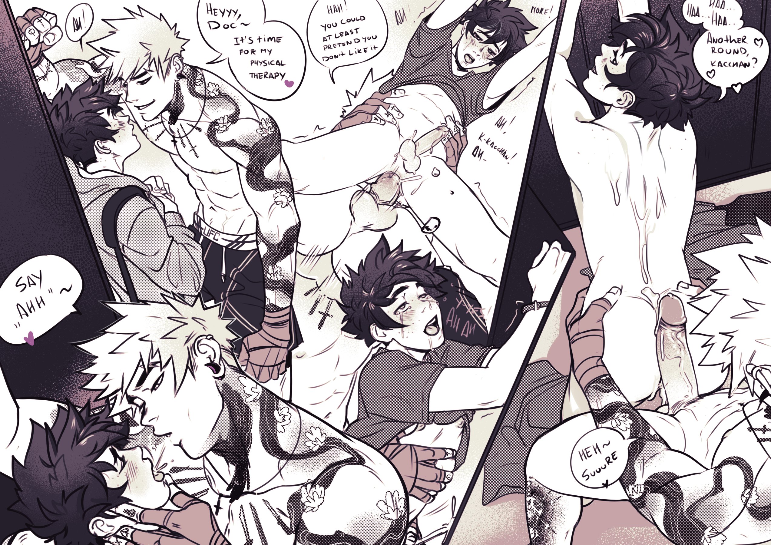 spacenipnops, bakugou katsuki, midoriya izuku, boku no hero academia, highres, 2boys, anal, couple, cum, cum on back, cum on body, english text, erection, heart, height difference, large penis, male focus, male penetrated, multiple boys, multiple tattoos, penis, penis size difference, sex, sex from behind, shirt, short hair, speech bubble, spiked hair, spitting in another's mouth, standing, standing sex, tattoo, testicles, yaoi