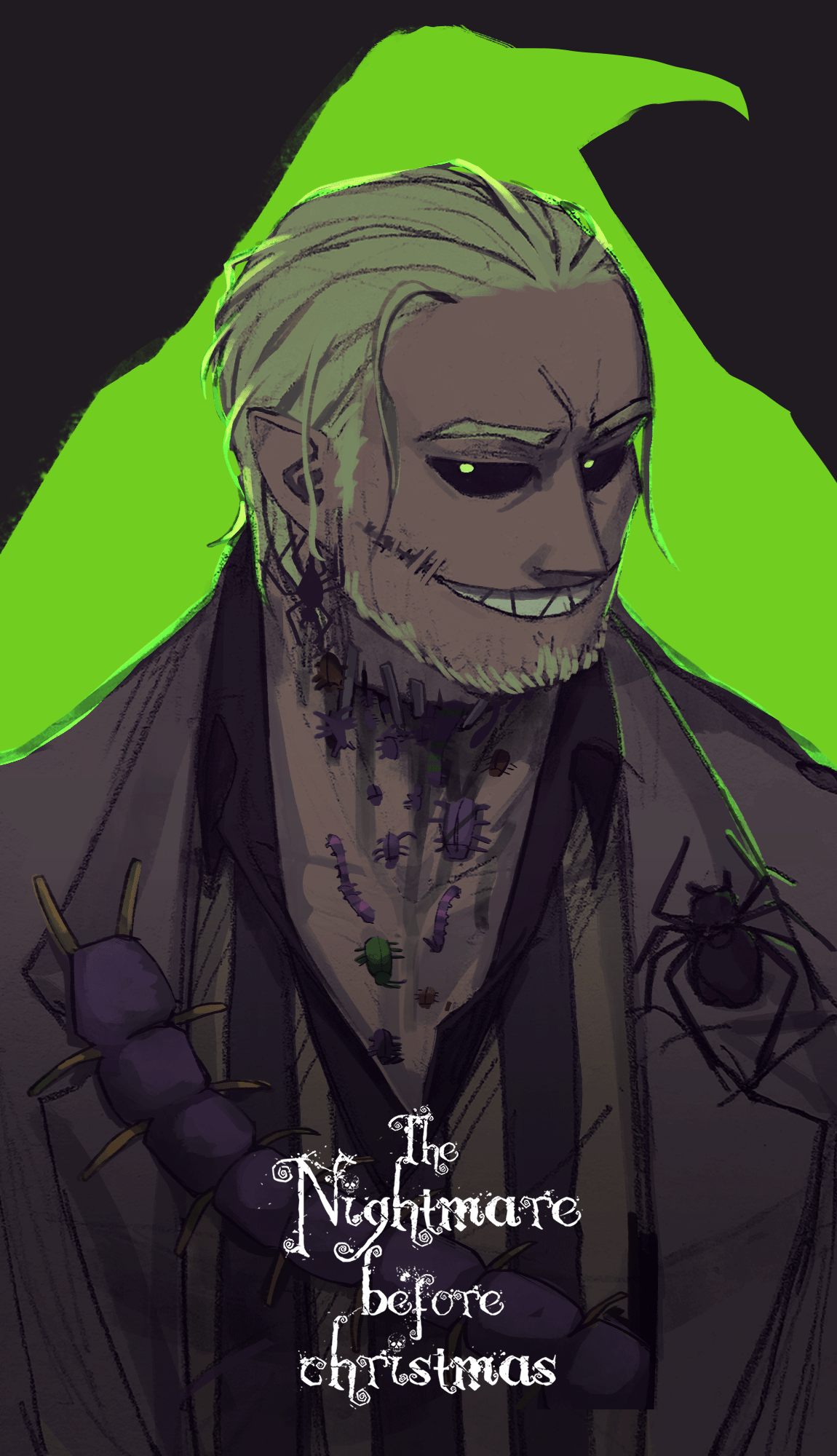 oogie boogie, the nightmare before christmas, highres, tagme, 1boy, black sclera, bug, colored sclera, copyright name, green eyes, hofq-dull3, humanization, male focus, short hair, simple background, smile, smirk, solo, spider