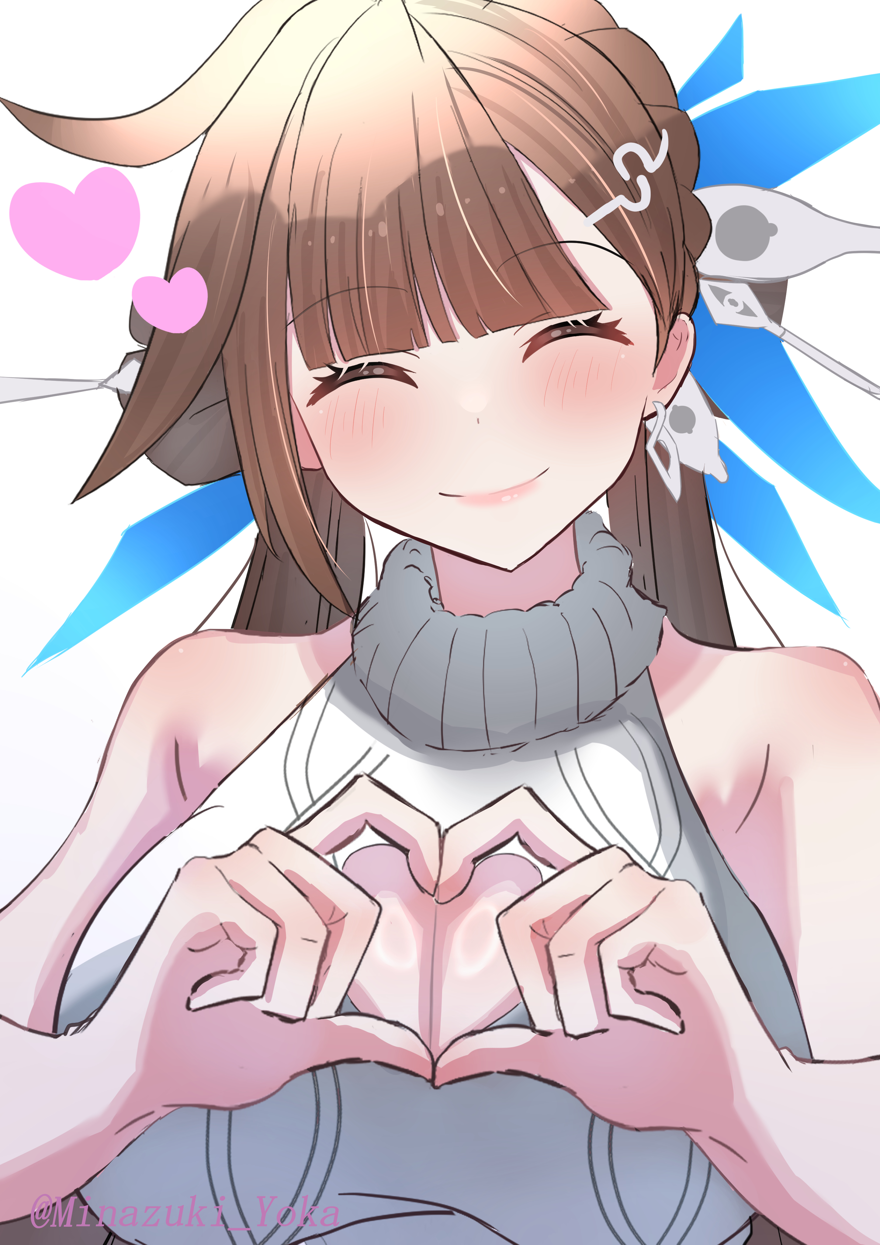 gundam68, li sushang, honkai (series), honkai impact 3rd, absurdres, commentary request, highres, 1girl, alternate costume, bare shoulders, blush, breasts, brown hair, cleavage, cleavage cutout, closed eyes, closed mouth, clothing cutout, heart, heart hands, large breasts, long hair, sleeveless, sleeveless sweater, smile, solo, sweater, twitter username