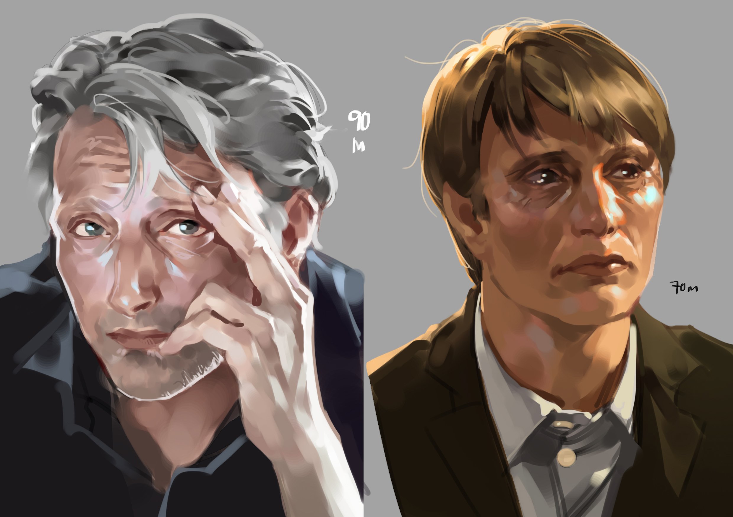 lydialing draws, mads mikkelsen, real life, art study, character request, copyright request, highres, 1boy, black shirt, brown hair, brown jacket, closed mouth, grey background, grey eyes, grey hair, hand up, jacket, lips, looking at viewer, male focus, mature male, multiple views, nose, realistic, shirt, short hair, simple background, upper body