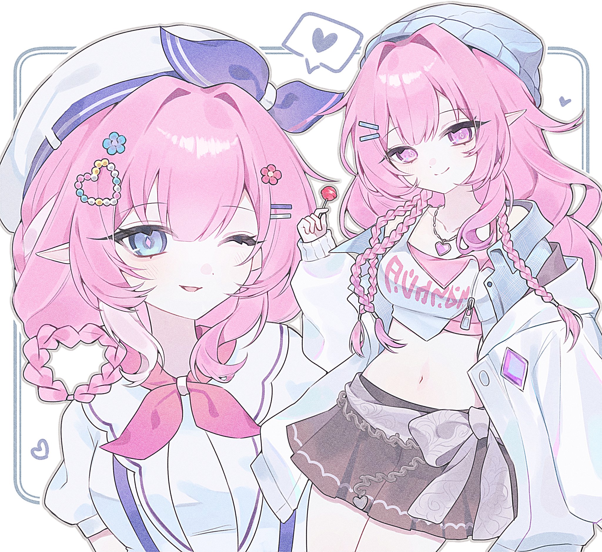 cyrene (aedes elysiae) (honkai: star rail), cyrene (honkai: star rail), cyrene (ripples of past reverie) (honkai: star rail), honkai: star rail, honkai (series), hashtag-only commentary, highres, 2girls, beret, black skirt, blue eyes, blue hat, breasts, candy, crop top, cyrene (nylon japan) (honkai: star rail), dual persona, food, hair rings, hat, heart, holding, holding candy, holding food, holding lollipop, jacket, lollipop, long hair, medium breasts, midriff, miniskirt, multiple girls, naty (x naty), navel, official alternate costume, pink hair, pointy ears, purple eyes, shirt, short hair, simple background, skirt, very long hair, white background, white jacket, white shirt