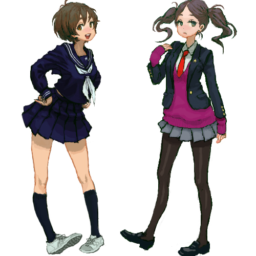 jonpei, lowres, long hair, necktie, pantyhose, school uniform, serafuku, short hair, twintails