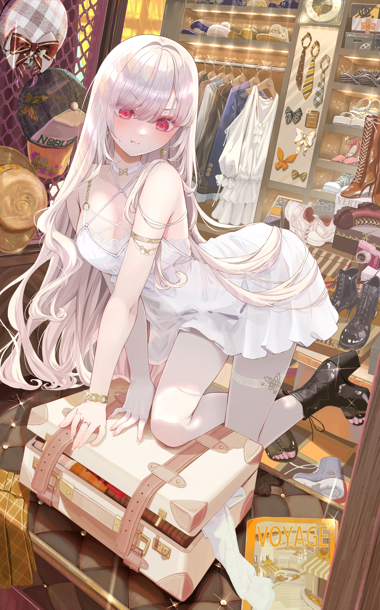 ito lab, original, commentary, english commentary, highres, 1girl, black boots, blush, boots, bracelet, breasts, cleavage, curly hair, dress, frown, full body, high heel boots, high heels, jewelry, kneeling, leaning on object, long hair, looking at object, pantyhose, red eyes, ring, sleeveless, sleeveless dress, small breasts, solo, sweatdrop, very long hair, white dress, white hair, white pantyhose