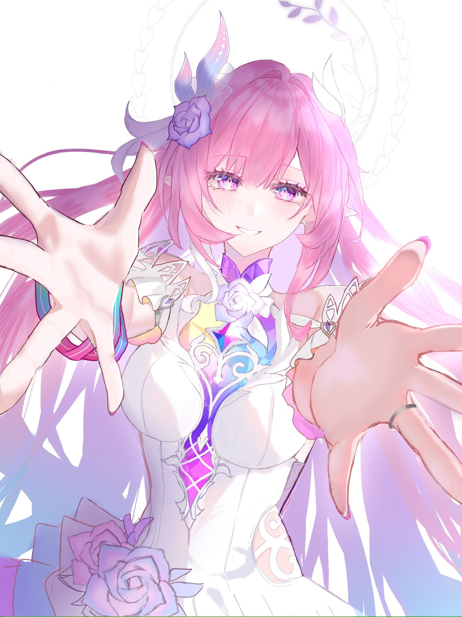 cyrene (honkai: star rail), cyrene (ripples of past reverie) (honkai: star rail), honkai: star rail, honkai (series), hashtag-only commentary, highres, 0ninj1n, 1girl, aqua hair, breasts, diamond-shaped pupils, diamond (shape), dress, flower, hair flower, hair ornament, halo, large breasts, long hair, looking at viewer, multicolored hair, pink hair, purple eyes, reaching, reaching towards viewer, simple background, smile, solo, symbol-shaped pupils, very long hair, white background, white dress, white hair