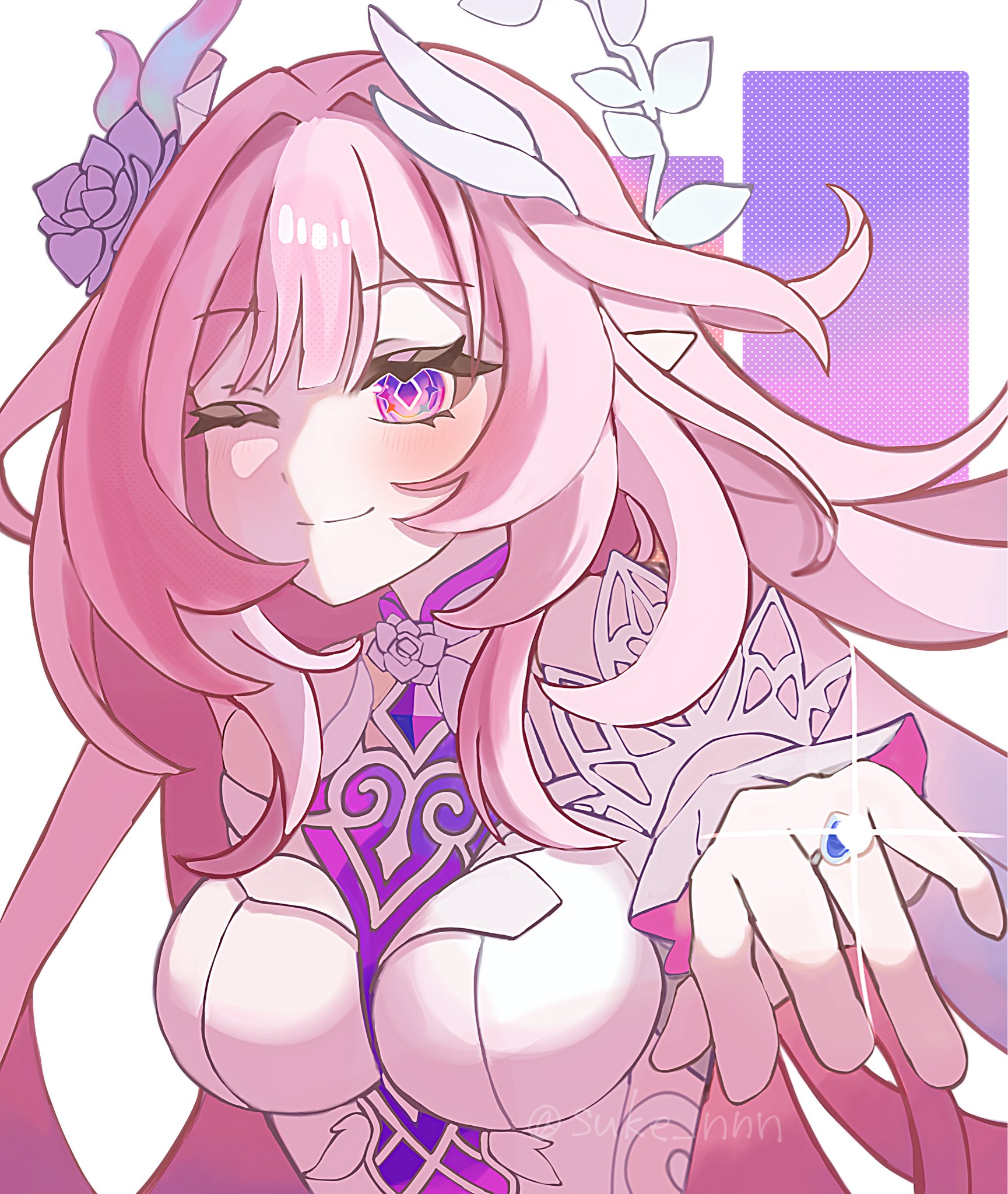 cyrene (honkai: star rail), cyrene (ripples of past reverie) (honkai: star rail), honkai: star rail, honkai (series), commentary request, highres, 1girl, ;), bare shoulders, breasts, diamond-shaped pupils, diamond (shape), flower, hair flower, hair ornament, halo, jewelry, large breasts, long hair, looking at viewer, one eye closed, pink hair, pointy ears, purple eyes, ring, smile, solo, suke nnn, symbol-shaped pupils, very long hair, wedding ring