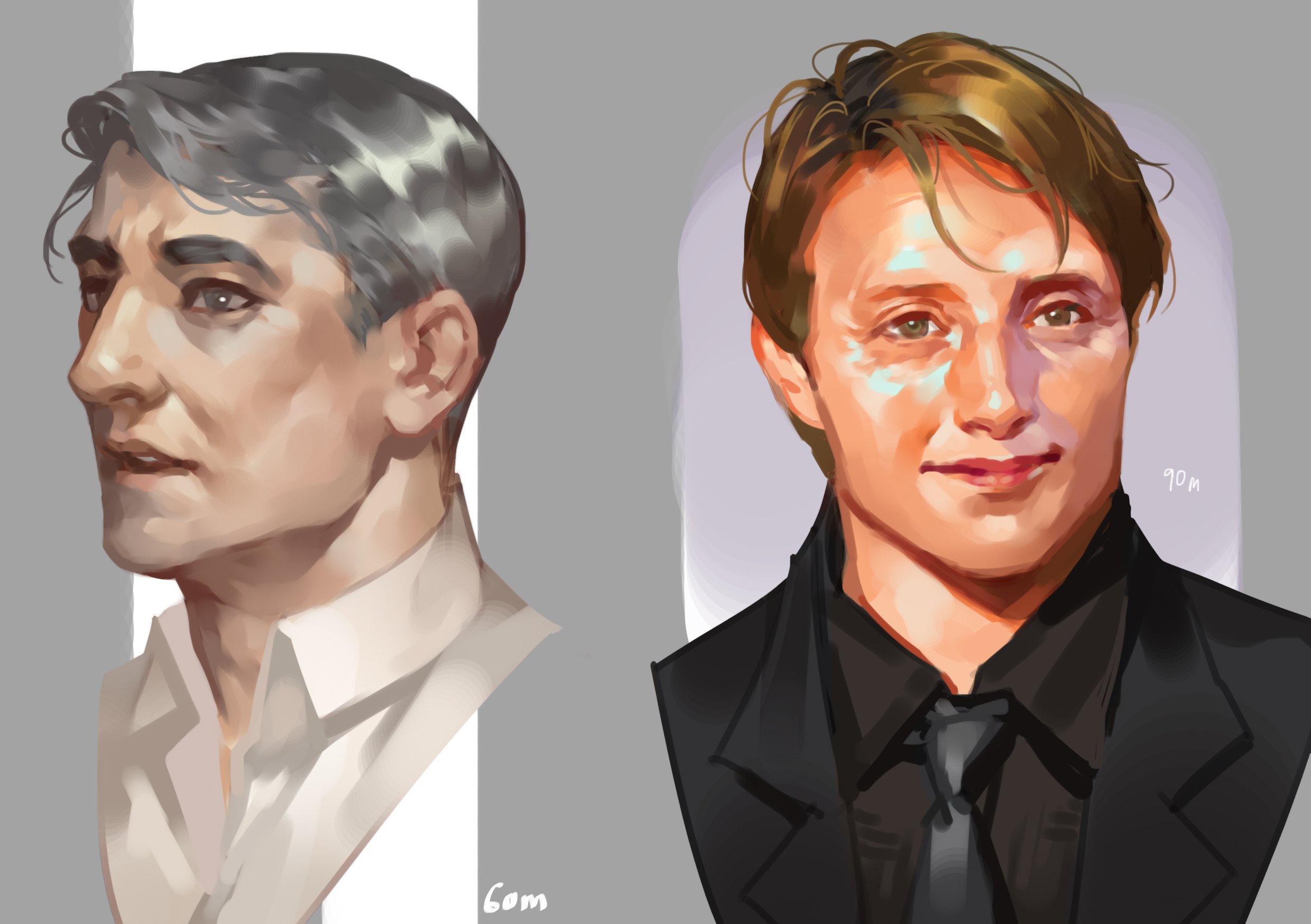 lydialing draws, real life, art study, character request, commentary, copyright request, english commentary, highres, 2boys, black jacket, black necktie, black shirt, brown hair, character name, closed mouth, collared shirt, grey background, grey eyes, grey hair, jacket, lips, looking ahead, male focus, multiple boys, necktie, nose, open mouth, realistic, shirt, short hair, smile, white shirt