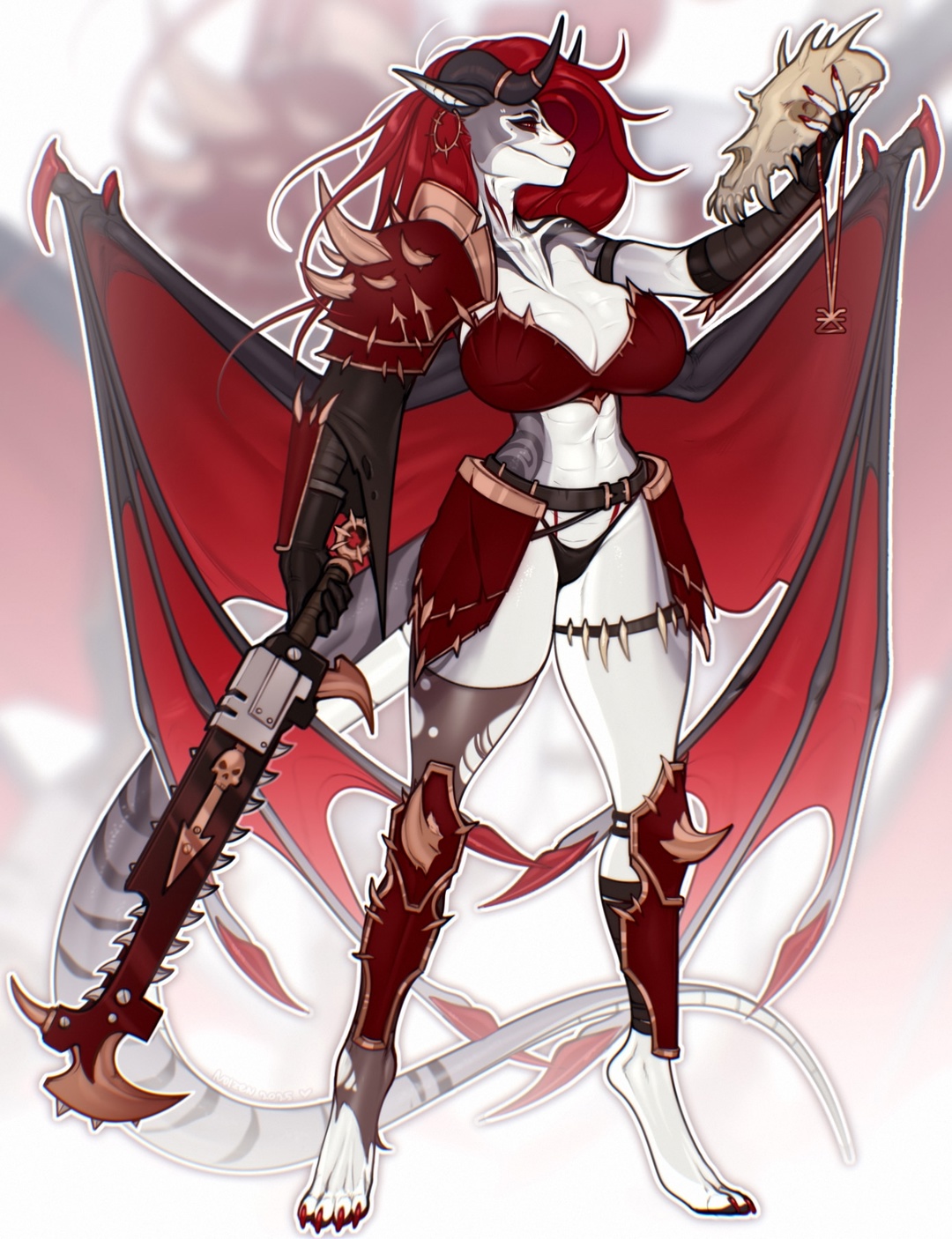 original, warhammer 40k, highres, animal skull, armor, bandages, belt, bikini, black bandages, black belt, black bikini, blurry, blurry background, breasts, chainsword, chaos (warhammer), chaos undivided (symbol), collarbone, colored skin, dragon girl, dragon horns, dragon tail, dragon wings, earrings, gauntlets, grey skin, greyscale, holding, holding jewelry, holding necklace, holding skull, holding sword, holding weapon, horns, jewelry, khorne (cult), khorne (symbol), knee pads, large breasts, long hair, long tail, looking at object, monochrome, multicolored bikini, necklace, noizen, red bikini, red eyes, red hair, red nails, scales, shoulder armor, skull, spiked kneepads, swimsuit, sword, tail, thigh belt, thigh strap, torn clothes, two-tone bikini, very long tail, weapon, white skin, wings