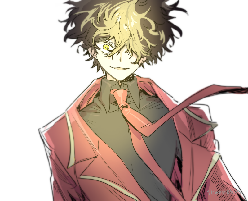 tkhenpkn, dante (limbus company), limbus company, project moon, 1other, black hair, black shirt, blonde hair, coat, collared shirt, floating neckwear, gold trim, humanization, multicolored hair, necktie, parted lips, red coat, red necktie, shirt, simple background, smile, solo, streaked hair, upper body, white background, yellow eyes