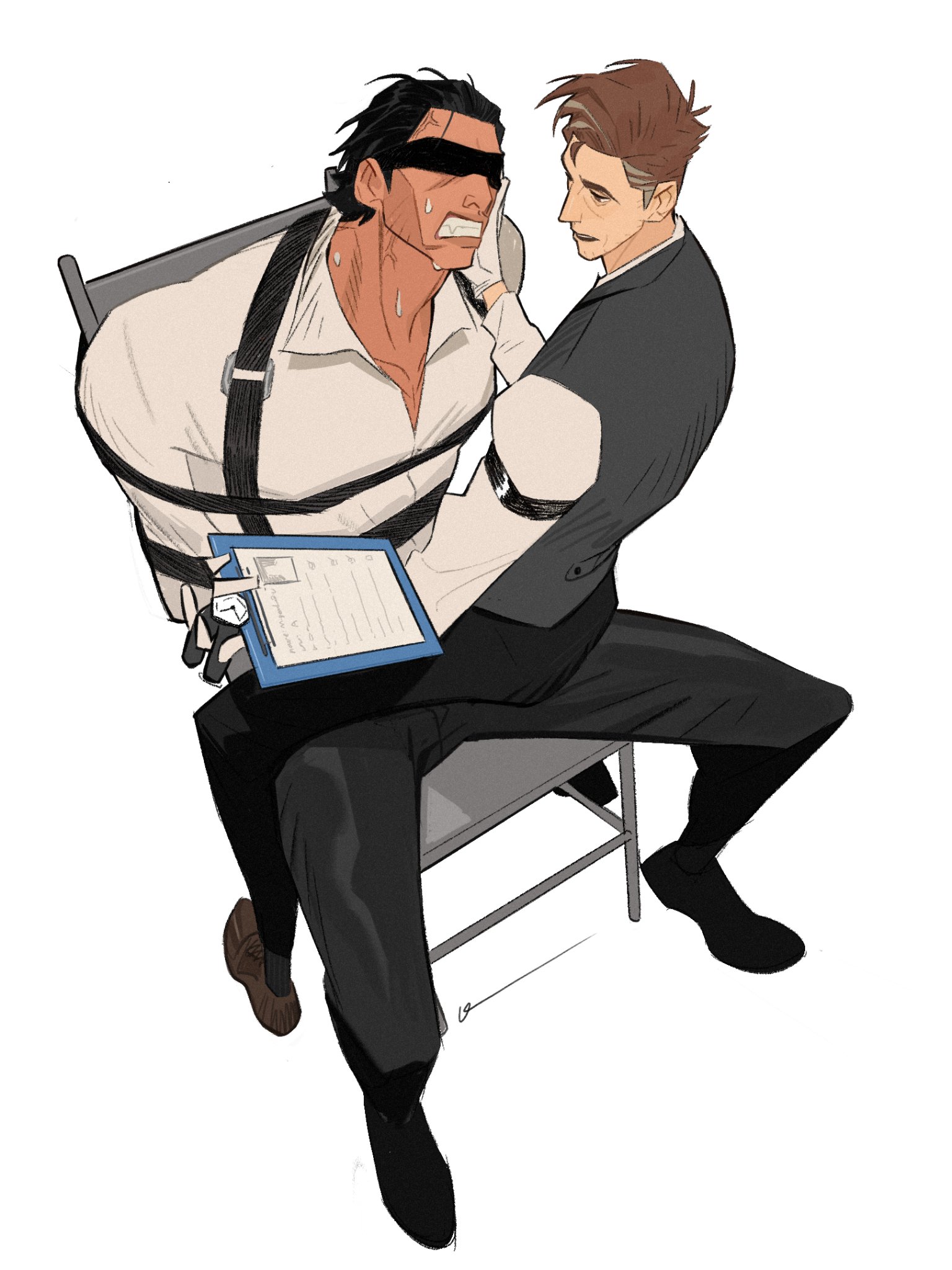 dingnin98201637, miguel o'hara, peter b parker, marvel, spider-man: across the spider-verse, spider-man (series), spider-verse, commentary, english commentary, highres, 2boys, adam's apple, arm belt, belt, black belt, black hair, black pants, black shoes, blindfold, bound, brown hair, clenched teeth, clipboard, collared shirt, dark-skinned male, dark skin, dress shoes, grey vest, holding, holding clipboard, long sleeves, male focus, multiple boys, open collar, open mouth, pants, reading, shirt, shoes, short hair, short sideburns, simple background, sitting, sitting on lap, sitting on person, sweat, teeth, tied up (nonsexual), very sweaty, vest, white background, white shirt